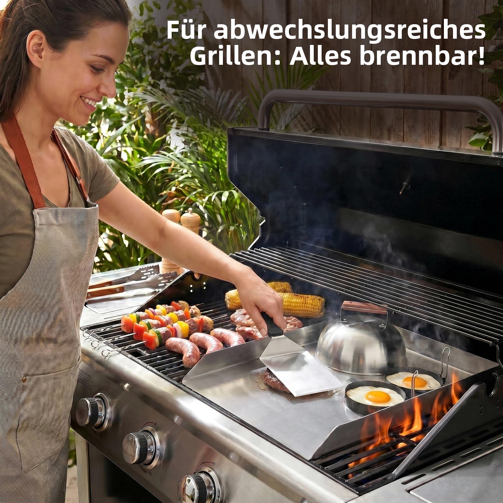 SMOOL Plancha de acero inoxidable de 30 x 20 cm, para barbacoa de gas, | Barbacoa de carbón y parrilla eléctrica, juego de plancha con espátula, brochetas y cepillo de limpieza para camping y