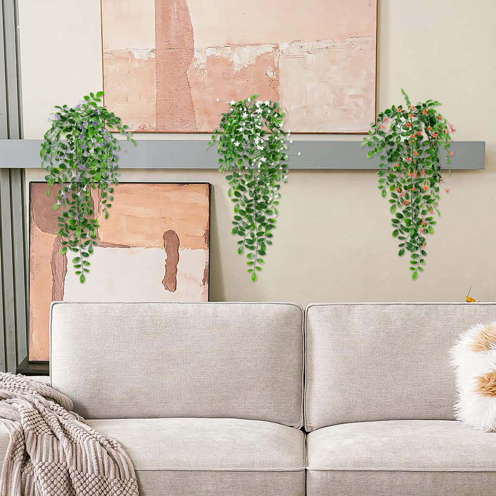 Plantas Colgantes Artificiales, 2 Hojas de Hiedra Artificial con Flores moradas para Boda, Pared, casa, habitación, Patio, Interior, Exterior, hogar, Oficina, decoración Morada