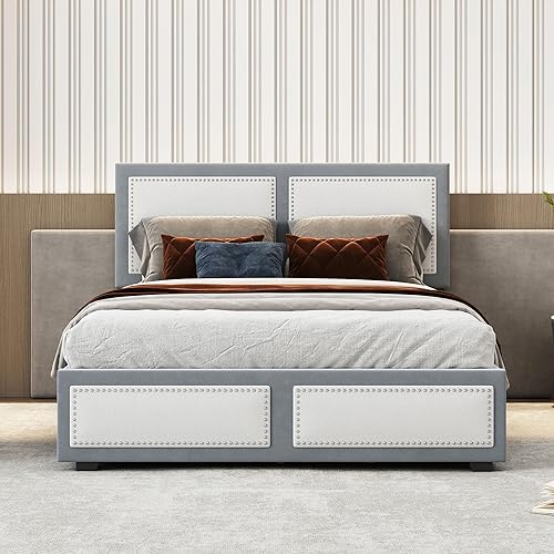 Miniatura 151 de Elegante cama con plataforma tapizada de terciopelo de tamaño Queen con cabecero, para niños, niñas y adolescentes (beige @cabecero/, Queen)