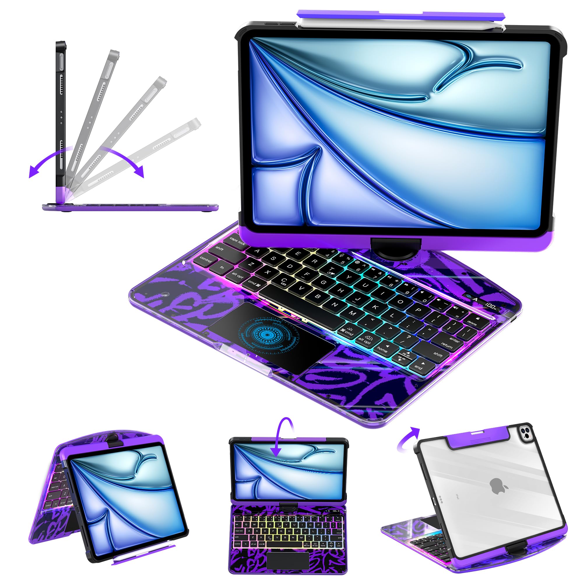 Clear Keyboard Case for iPad Air 11" (M3/M2, 2025/2024), Air 5th/4th &amp; Pro 11" 2022-2018, 360° Swivel with Wireless Bluetooth Multi-Touch Trackpad, 7-Color Backlit, Pencil Holder Purple