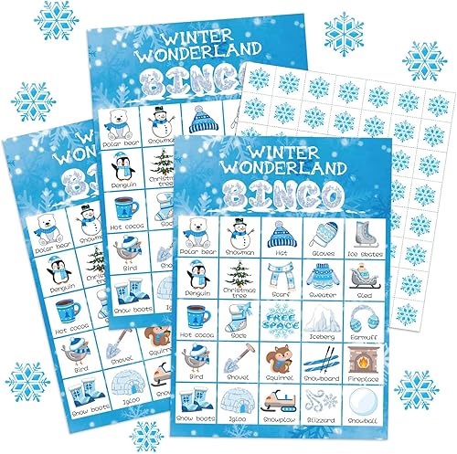 Juego de 35 piezas de bingo de invierno para adultos, niños y niñas, 24 jugadores, juego de cartas del país de las maravillas de invierno, juegos de