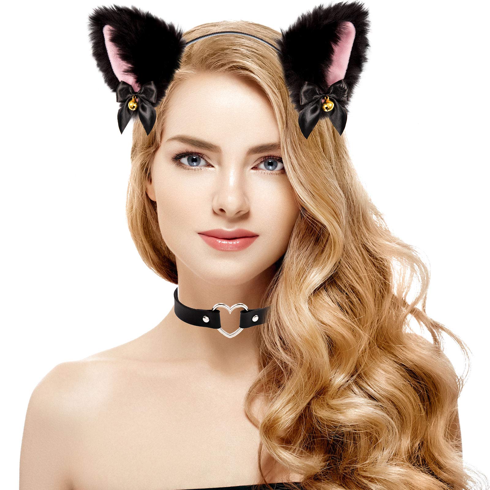 Whaline Black Cat Ear Headband with Bell Heart Chocker Necklace Girl Plush Furry Cat Ear Hair Band for Girl Women Adult Cosplay Party Fancy Dress Halloween Drama - Image 4