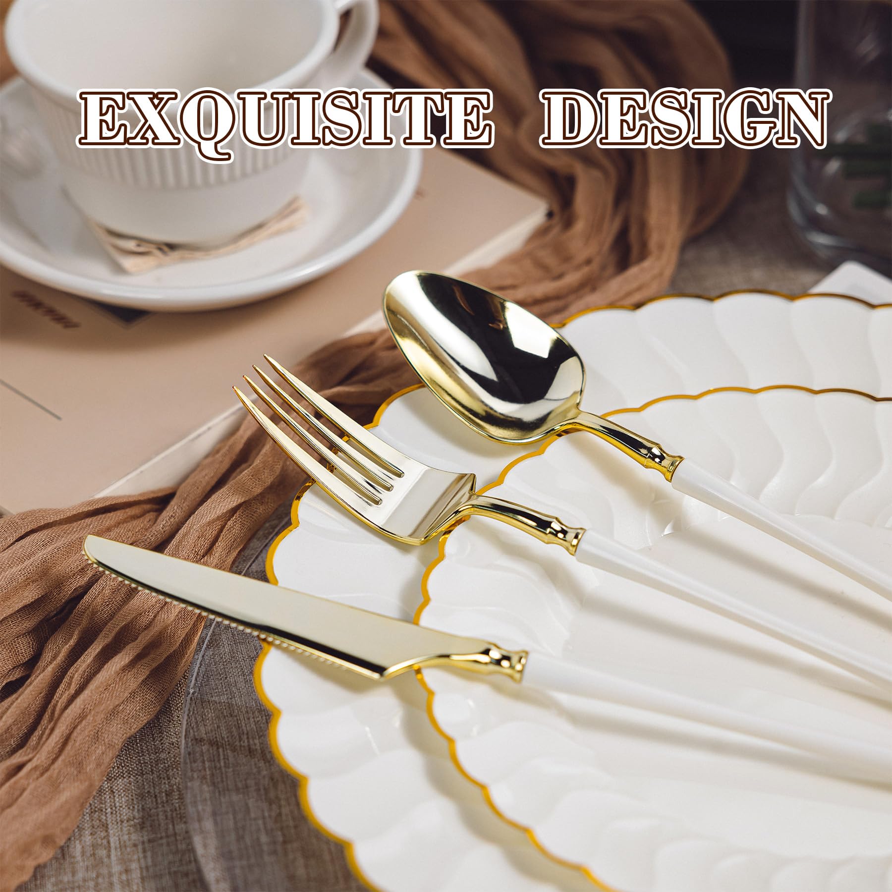 Ivory Scalloped Plates & Gold Disposable Silverware -3