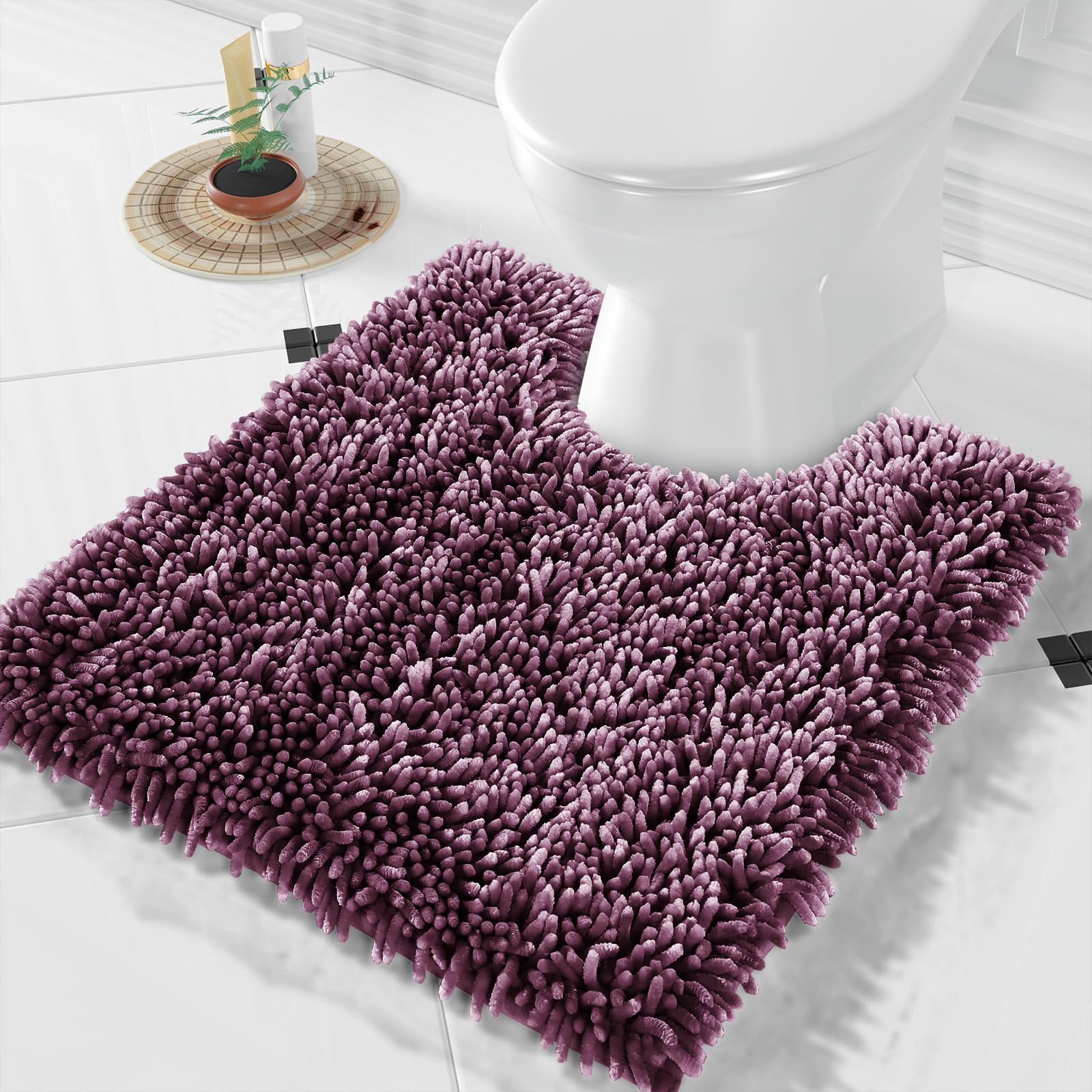 Yimobra Toilet Rugs U Shaped, Luxury Chenille Extra Thick U-Shaped Toilet Rug, Non-Slip Contour Mat for Bathroom Floor, Fluffy Soft, Absorbent Water, Machine Washable, 24.4 x 24.4 Inch, Gray Purple