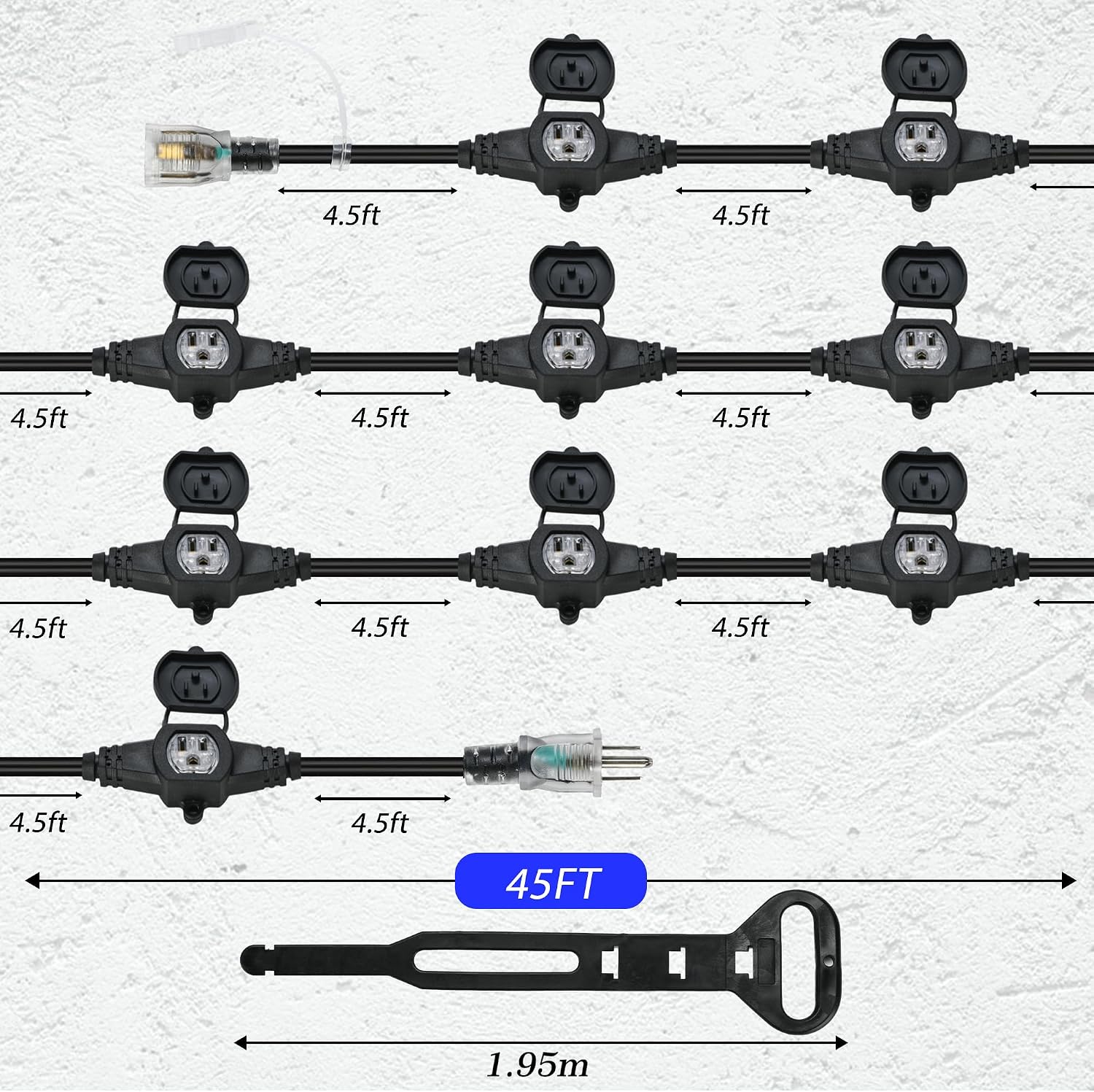 45FT 12 Gauge Heavy Duty Multi Outlet Outdoor Extension Cord, 10 Evenly Spaced Weatherproof Outlets, LED Indicator Light，Great for Stage Backdrops, Landscape Garden Lighting, Holiday Decoration ETL