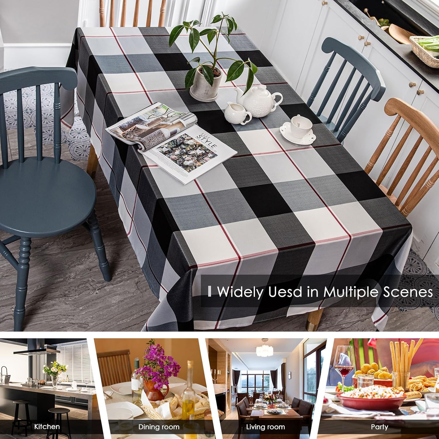 Melodieux Rectangle Plaid Check Tablecloth Holiday Outdoor Checkered Table Cover Waterproof Wrinkle Resistant Classic Tabletop Decoration Party Kitchen Dining Room, 52" x 70", Black