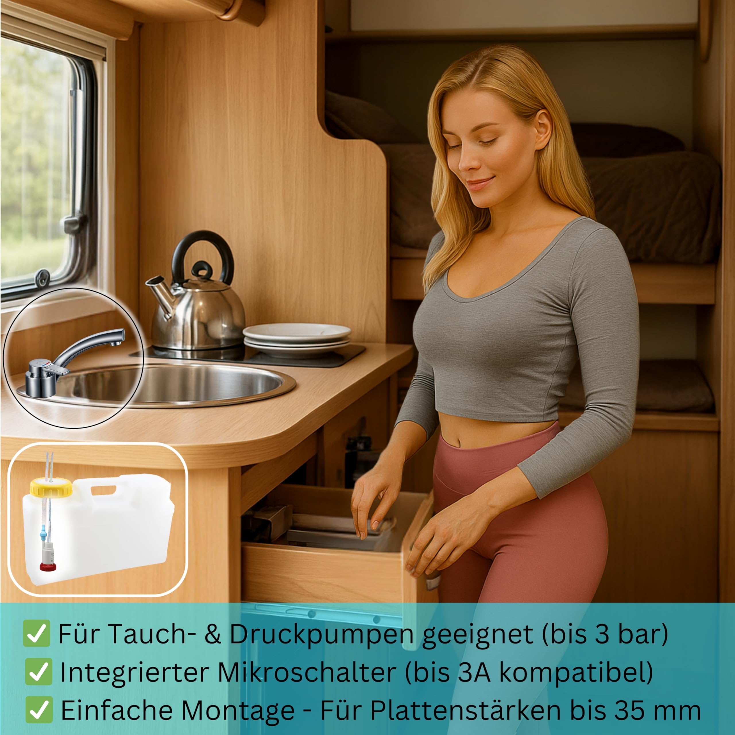 Comet Florenz Rubinetto miscelatore monocomando compatto cromato pieghevole micro interruttore design leggero campeggio caravan 12 V camper caravan barca camper