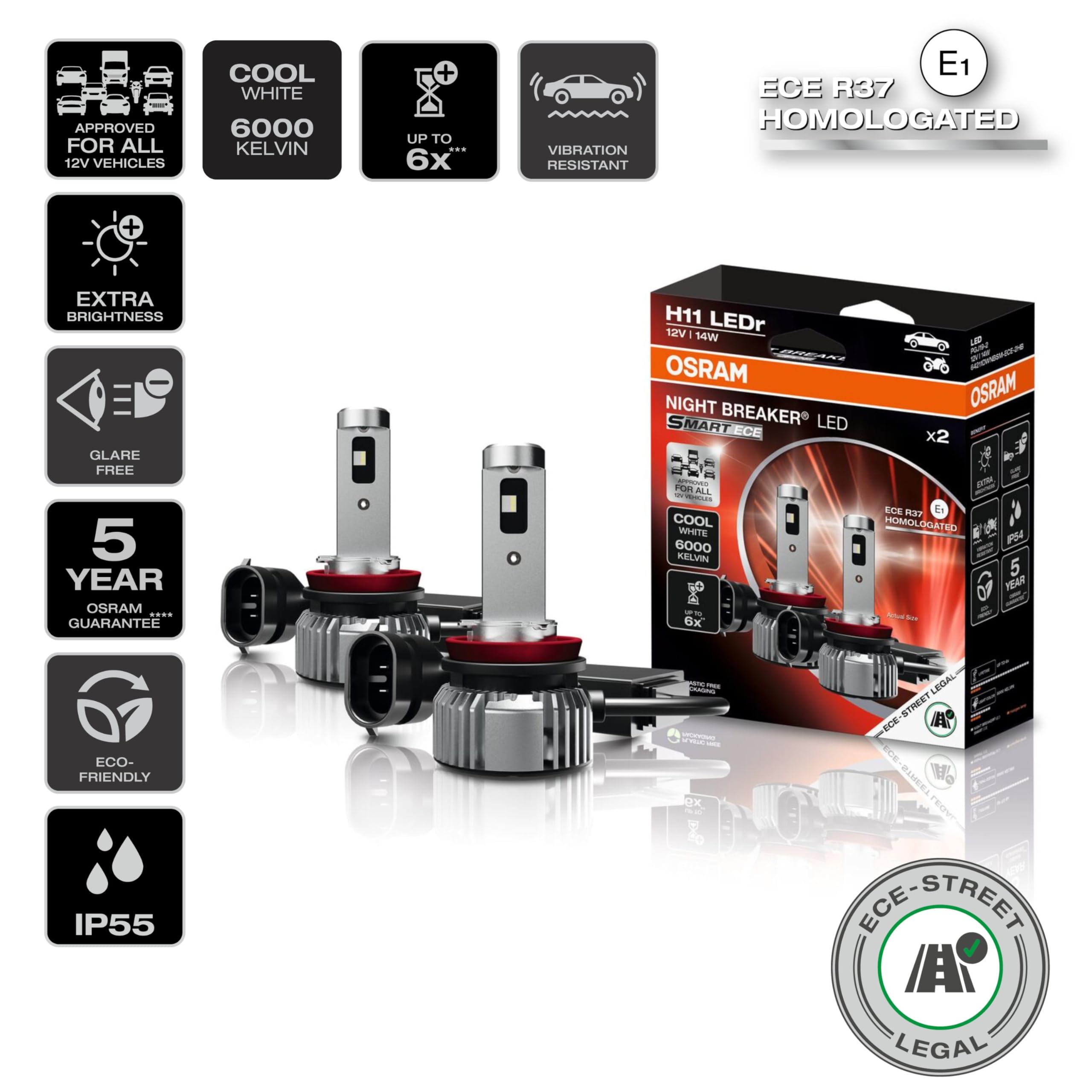 Osram NIGHT BREAKER LED SMART ECE H11, ECE R37 zugelassene LED-Retrofitlampe, Fern-/Abblend-/Nebellicht, kein Gutachten notwendig, 6000K, 12V