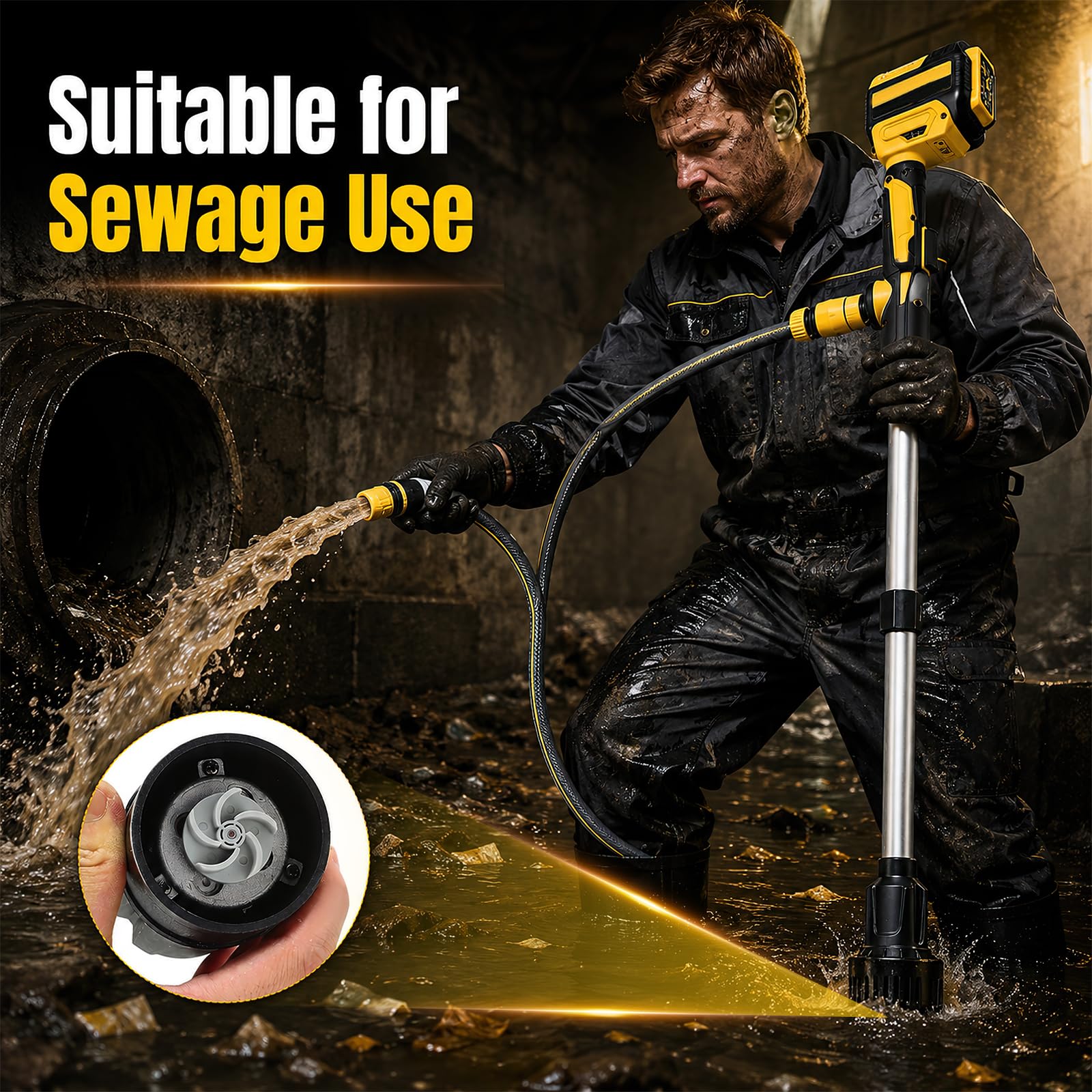 Pompe transfert d'eau sans fil type lance 3600 l/h pour Dewalt 18V 20V | 3m hauteur refoulement submersible portable 19000RPM pour piscines sous-sols récupérateurs d'eau pluie (batterie non incluse)