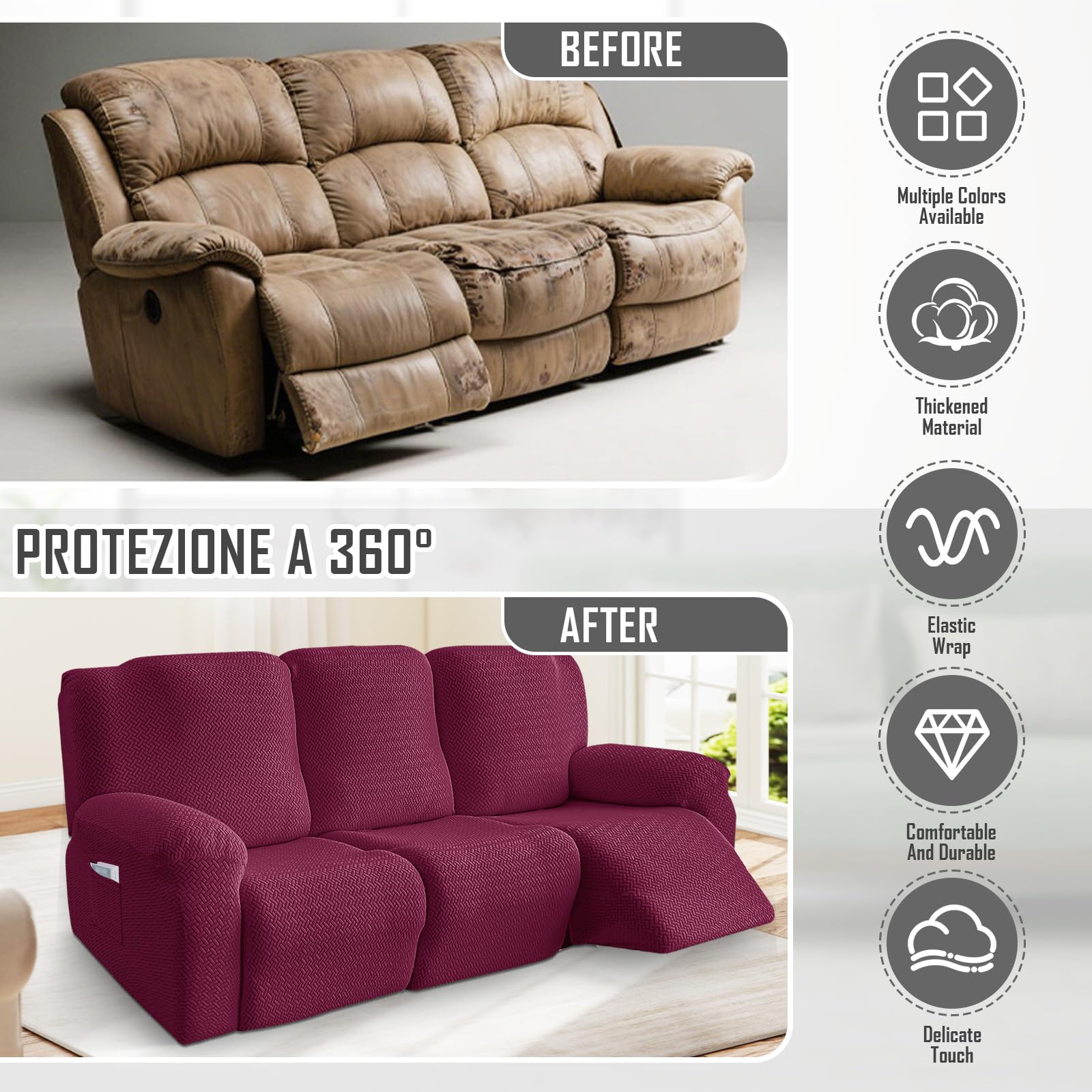 Bocguy Copripoltrona 8 Pezzi All-Inclusive, Rivestimento Elasticizzato con Tasche in Jacquard a Righe, per Poltrona Relax o TV