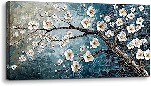 crmotu Large Wall Art for Living Room, Plum Blossom Tree Canvas Prints Paintings, Flowers Branch Room Decorations Artwork, Teal Blue Aesthetic Pictures Wall Decor for Bedroom Bathroom Office 24"X48"