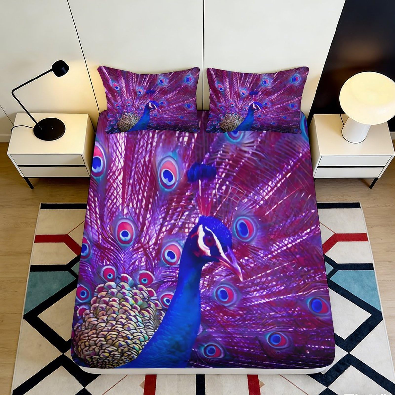 3D Printed Peacock Plumage Fitted Sheet Microfiber Anti-Slip Mattress Cover Bedroom Decor Purple Blue Bed Protection 120x200x25cm