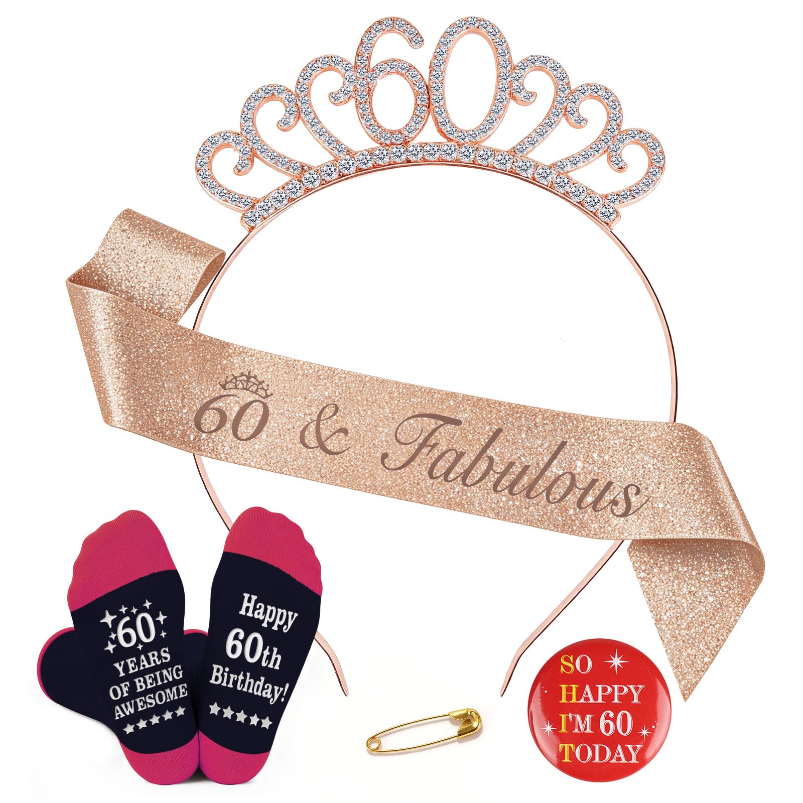 TUZELIYA 60th Birthday Gifts Set for Women with Sash Crystal Tiara Crown Socks Badges - 60th Birthday Party Decorations - Fun Birthday Ideas for Mum Best Friends Family Colleague Adults Neighbour