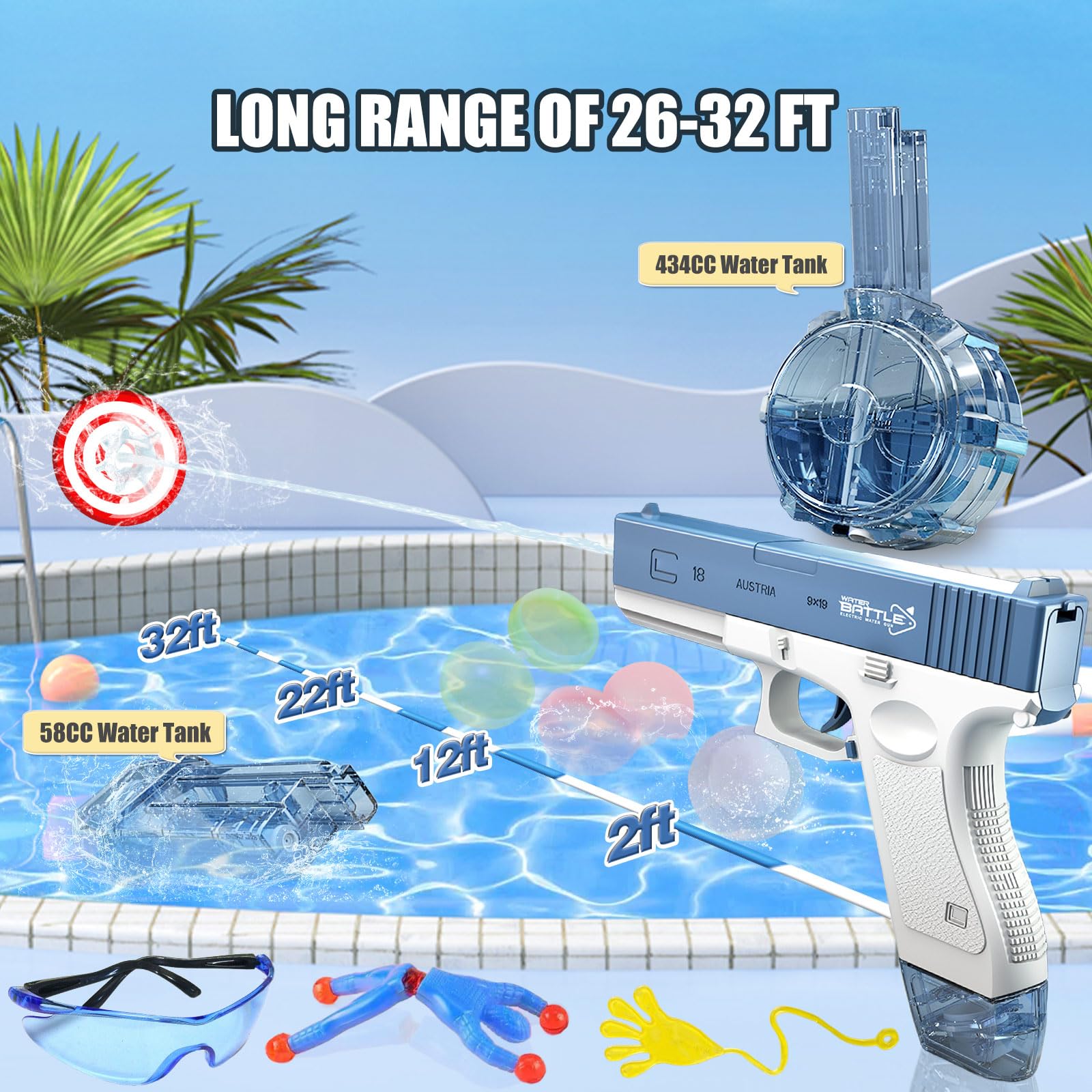 Pistolet à Eau Électrique Automatique - 434cc + 58cc, Portée 10 M, Batterie Rechargeable, Lunettes + 3 Ballons D'Eau - Pour Adultes Et Enfants
