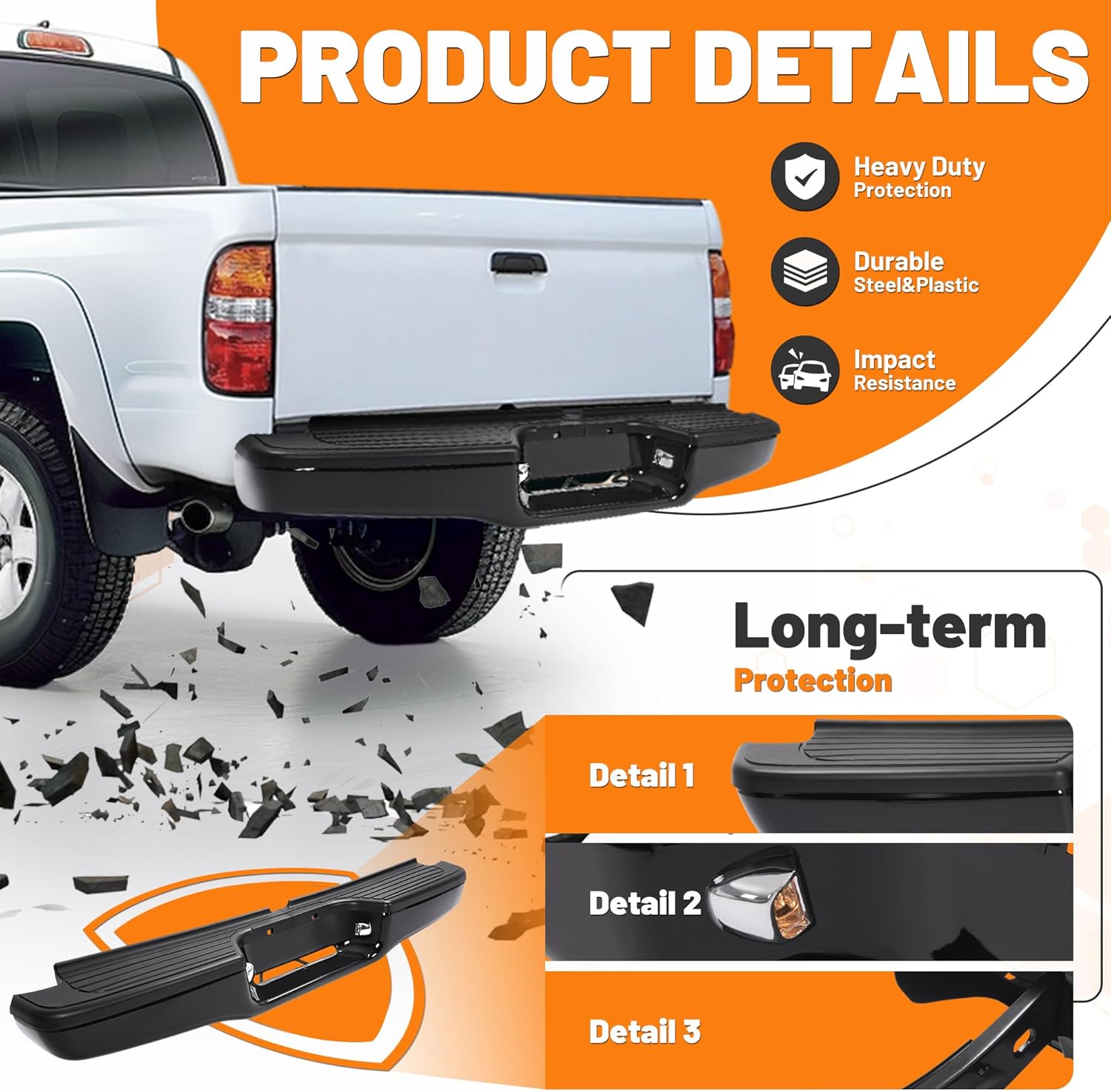 KUAFU Rear Bumper Compatible with 1995-2004 Toyota Tacoma Replacement for TO1102251 TO1102214 002283598201 Bumper Assembly Kit Step Bumper Face Bar Steel+Plastic Powder Coated