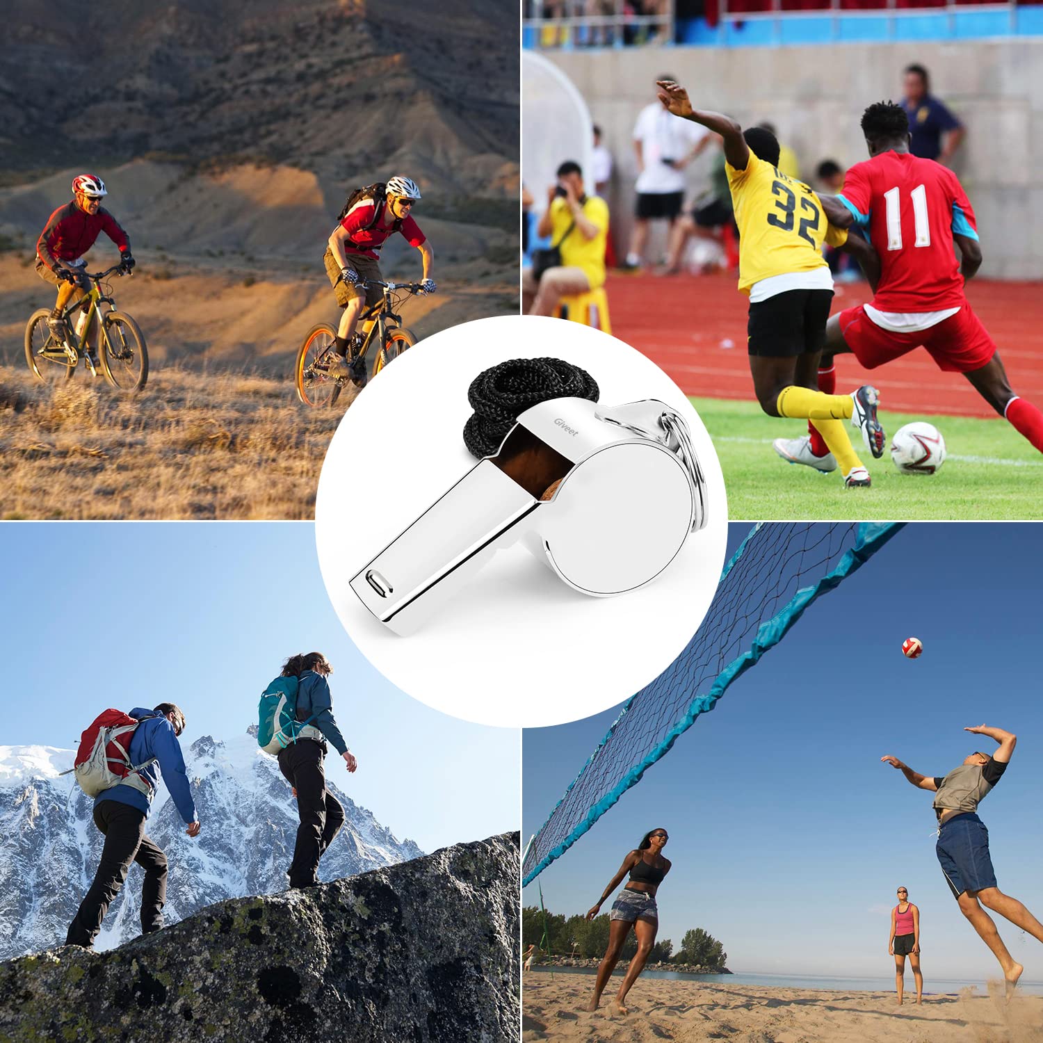 Giveet metallo fischietto con cordino, acciaio inossidabile e durevole, extra forte fischietti arbitro allenatore per calcio, pallacanestro, calcio, scuola, bagnino di emergenza