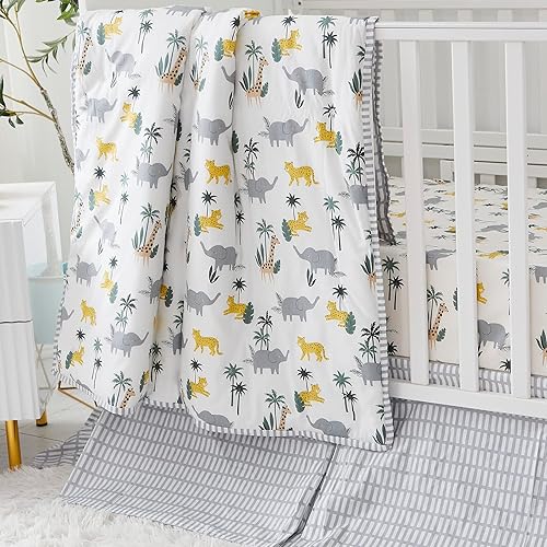 Brandream Juego de ropa de cama para cuna para niños, Safari Jungle, juego de ropa de cama de bebé, juego de edredón de elefante para guardería,