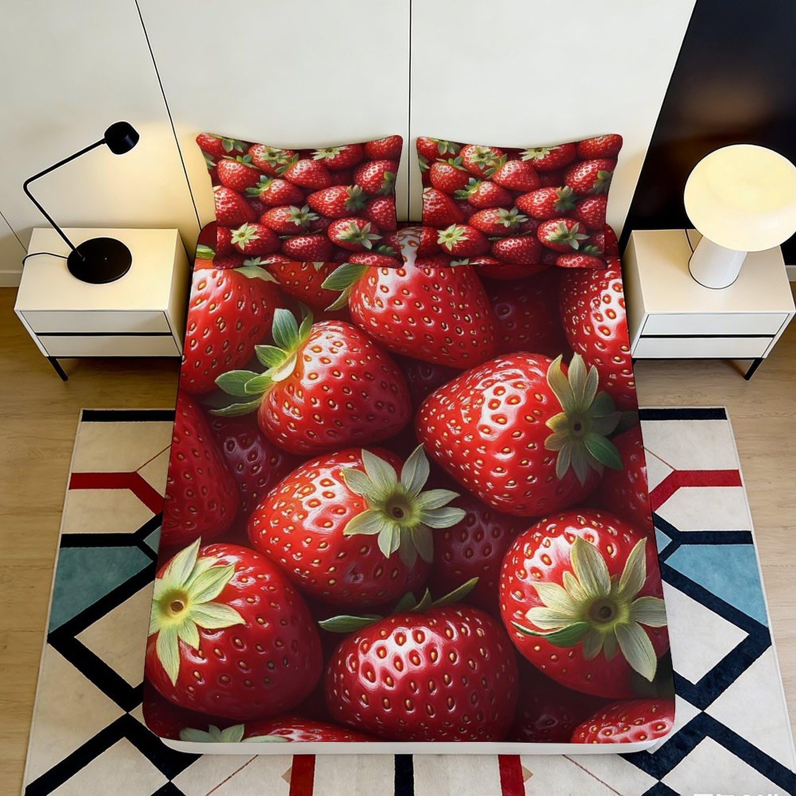 3D Printed Strawberry Fruit Fitted Sheet Microfiber Anti-Slip Mattress Cover Red Pattern for Bedroom Guest Room Dorm Easy Care Decor 120x200x25cm