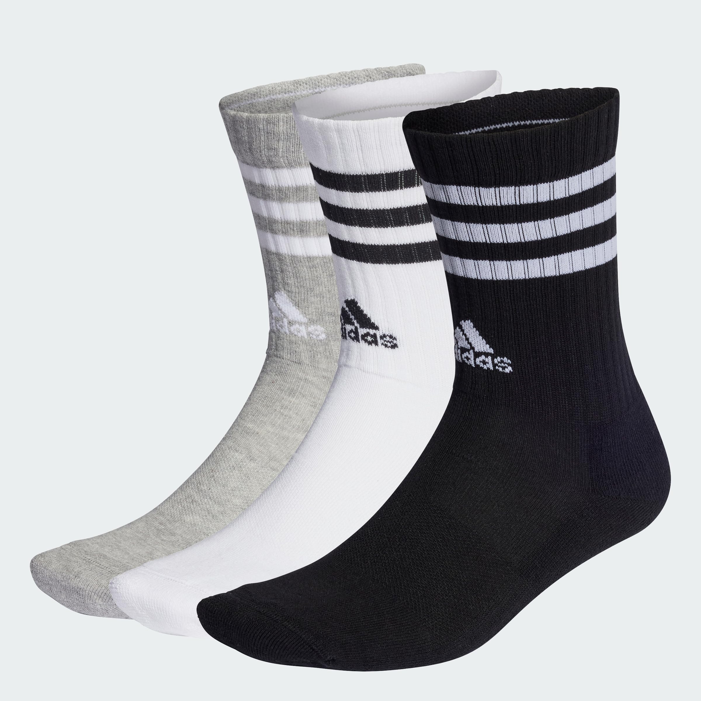 adidas Unisex 3-Stripes Cushioned Crew Socks 3 Pairs, Medium Grey Heather/White/Black/White, 6.5-8
