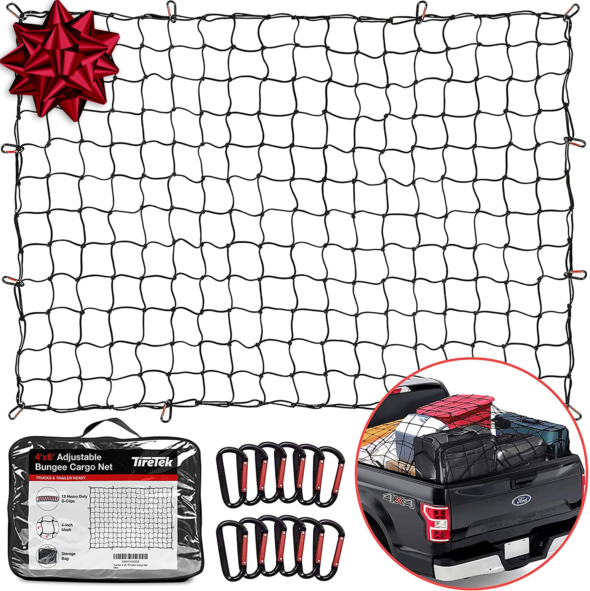 TireTek Cargo Net for Pickup Truck Bed 4' x 6' Stretches to 8' x 12
