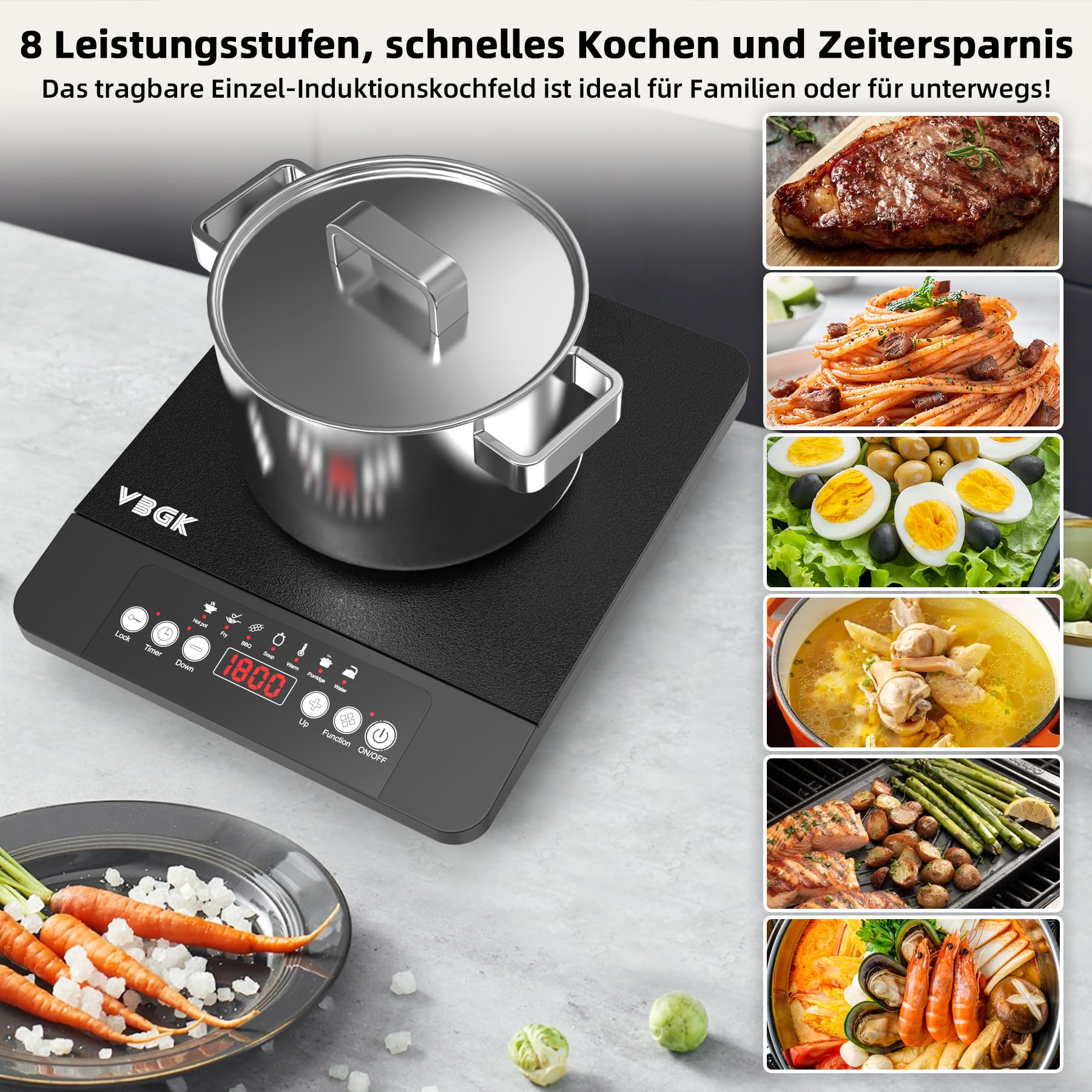 VBGK Induktionskochfeld 1 Platten,1800W Tragbares Induktionskochplatte, 220V Kochfelder mit LCD-Touch, 8 Temperaturstufen, Kindersicherung,4-Stunden-Timer