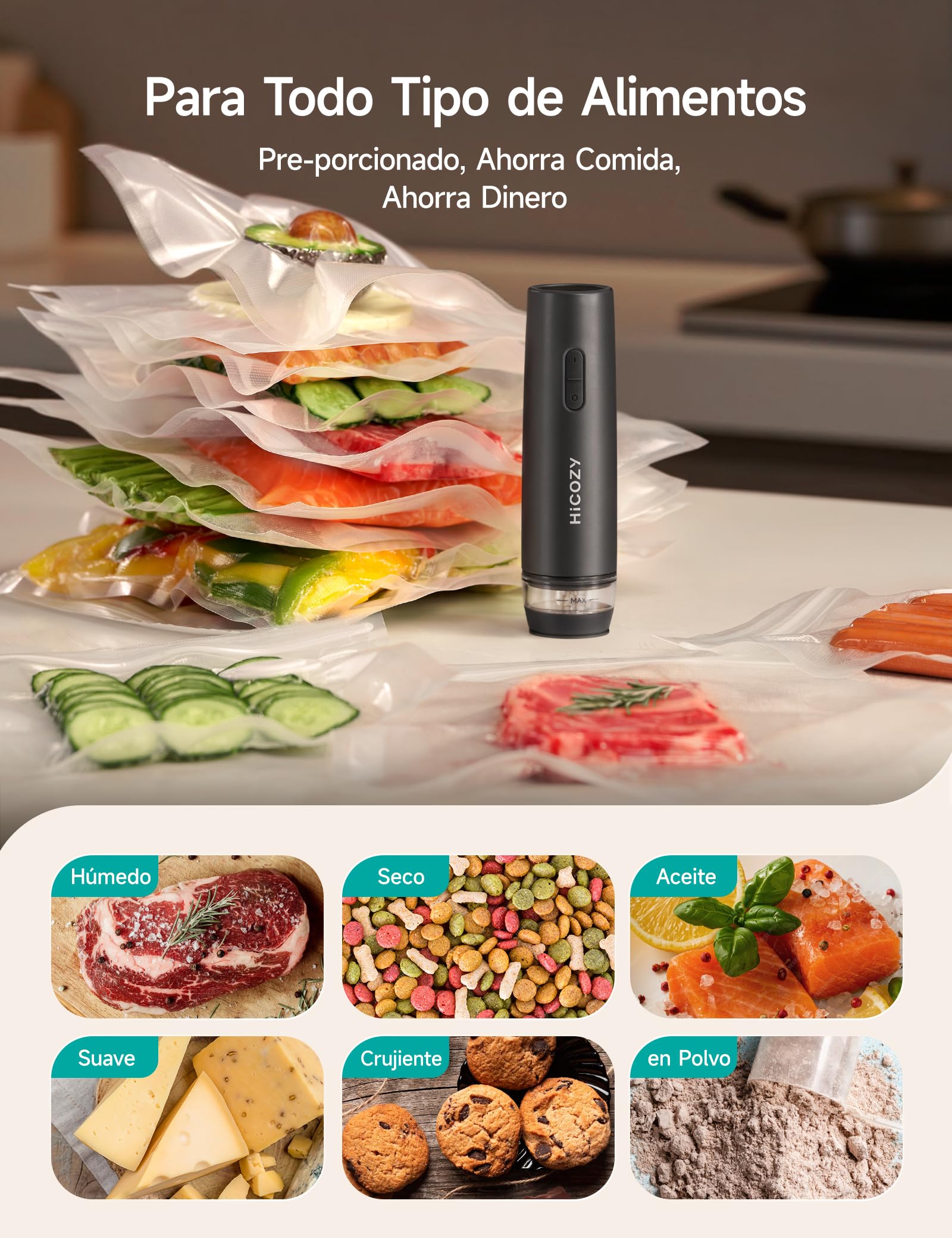 HiCOZY Envasadora al Vacio Domestica, Sellador al Vacío de Alimentos de un solo Toque Depósito de Agua Visible, Maquina Envasar al Vacio Compacta con 30 Bolsas Reutilizables, Gris