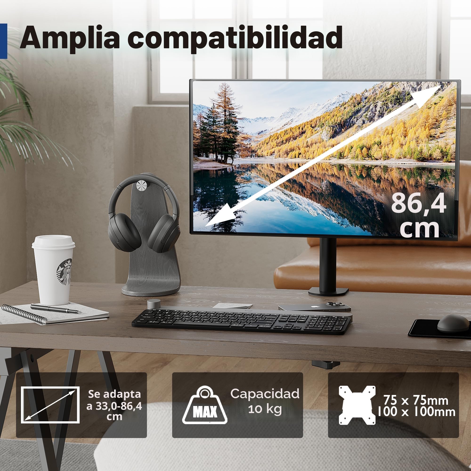 BONTEC Soporte Monitor Único 13-34 Pulgadas, Ajuste de Movimiento Completo, Compatibilidad VESA 75x75/100x100mm, Capacidad de 10kg, Ergonomía Mejorada, Opciones de Instalación Dual