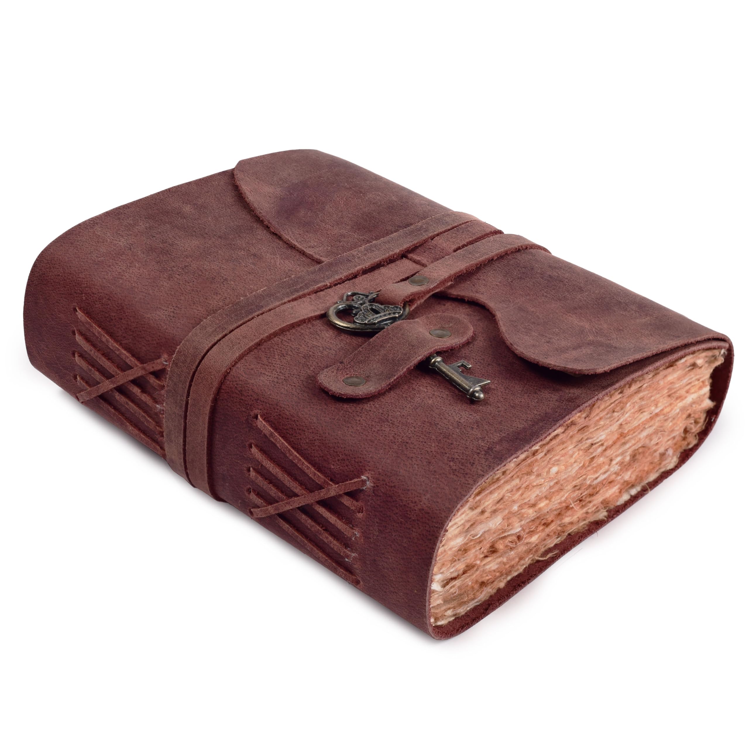 Rasavi Diario encuadernado de piel auténtica para hombres y mujeres, cierre de llave vintage, libro de sombras, 200 páginas hechas a mano, papel de acuarela vintage con borde de cubierta, fucsia, 6 x