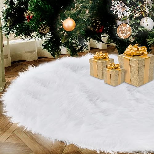 PHITRIC White Christmas Tree Skirt, 48 Inch Faux Fur Holiday Tree Ornaments Decoration, Soft Thick Plush Xmas Tree Mat Holiday Party Supplies, White Ornaments Christmas Decoration