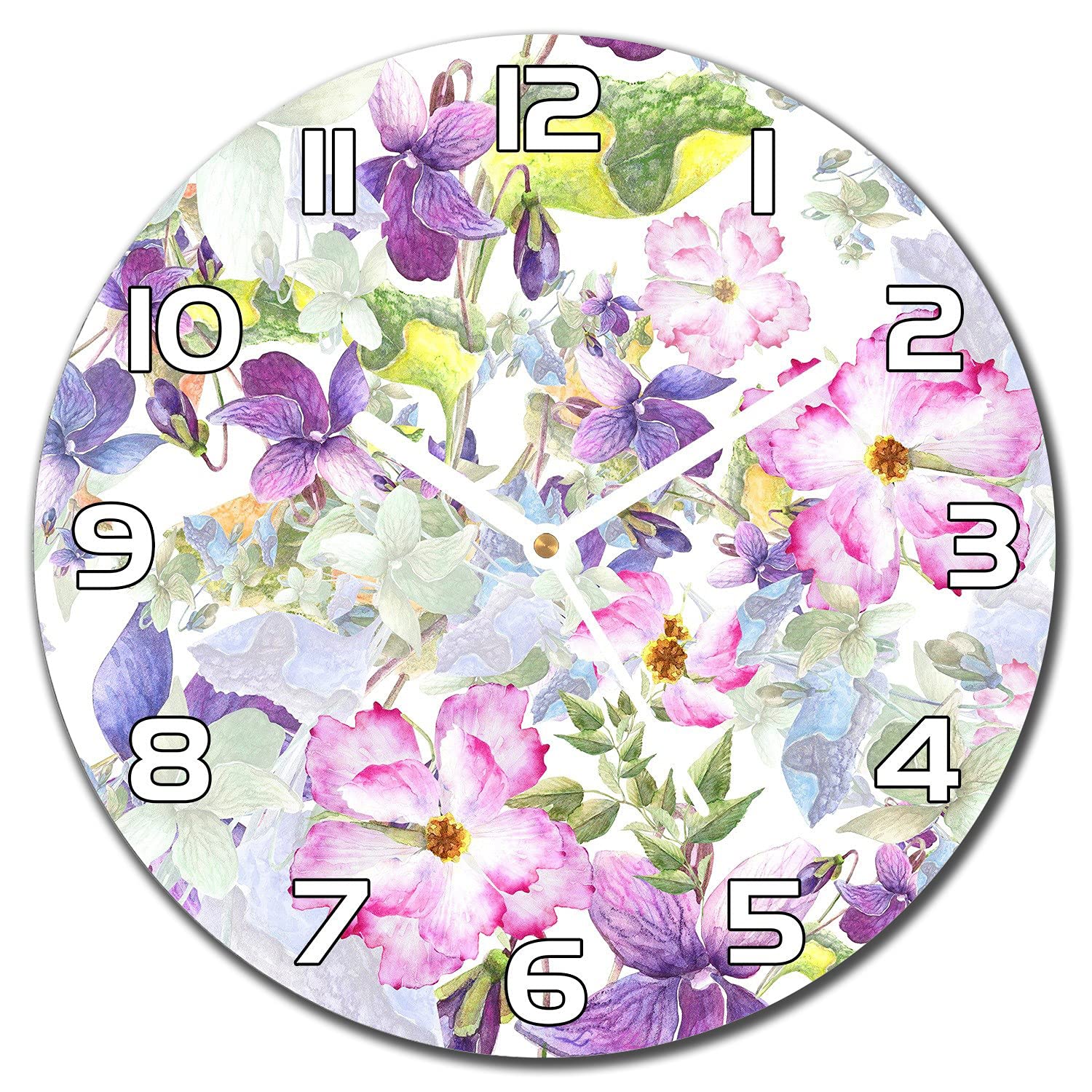 Horloge en verre silencieuse aiguilles blanches lisibles motif violet