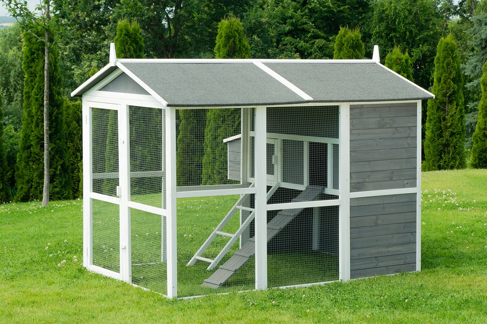 Miweba MyAnimal Hühnerstall MH-15 XXL | 186x146x147 cm - Für 7 Hühner - Nistkasten mit Freilaufgehege - Sitzstange - Winterfest - 2 Ebenen - Hühnerhaus mit Eiablage - Kiefernholz - Voliere (Grau/Weiß)