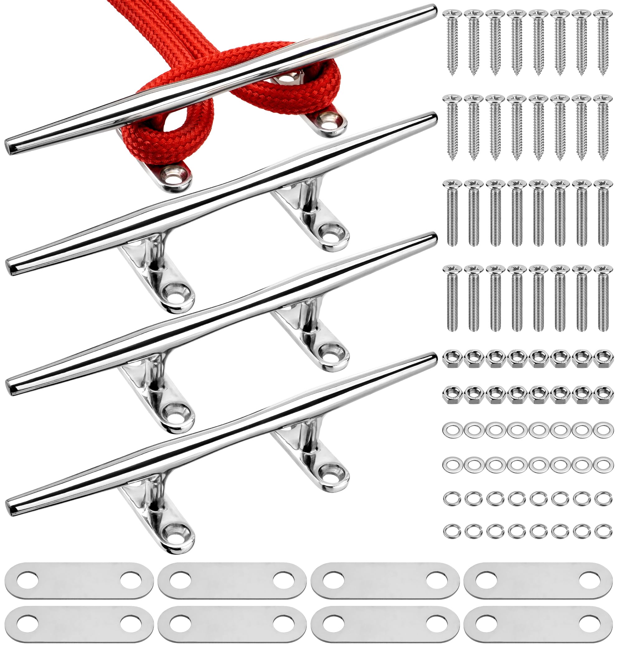 8"/10"/12" Boat Cleats, 316 Stainless Steel Open Base Marine Dock Rope Cleats with Backing Plates and Two Types Screws, Compatible with Kayak, Yacht, Pontoon, Nautical Decor
