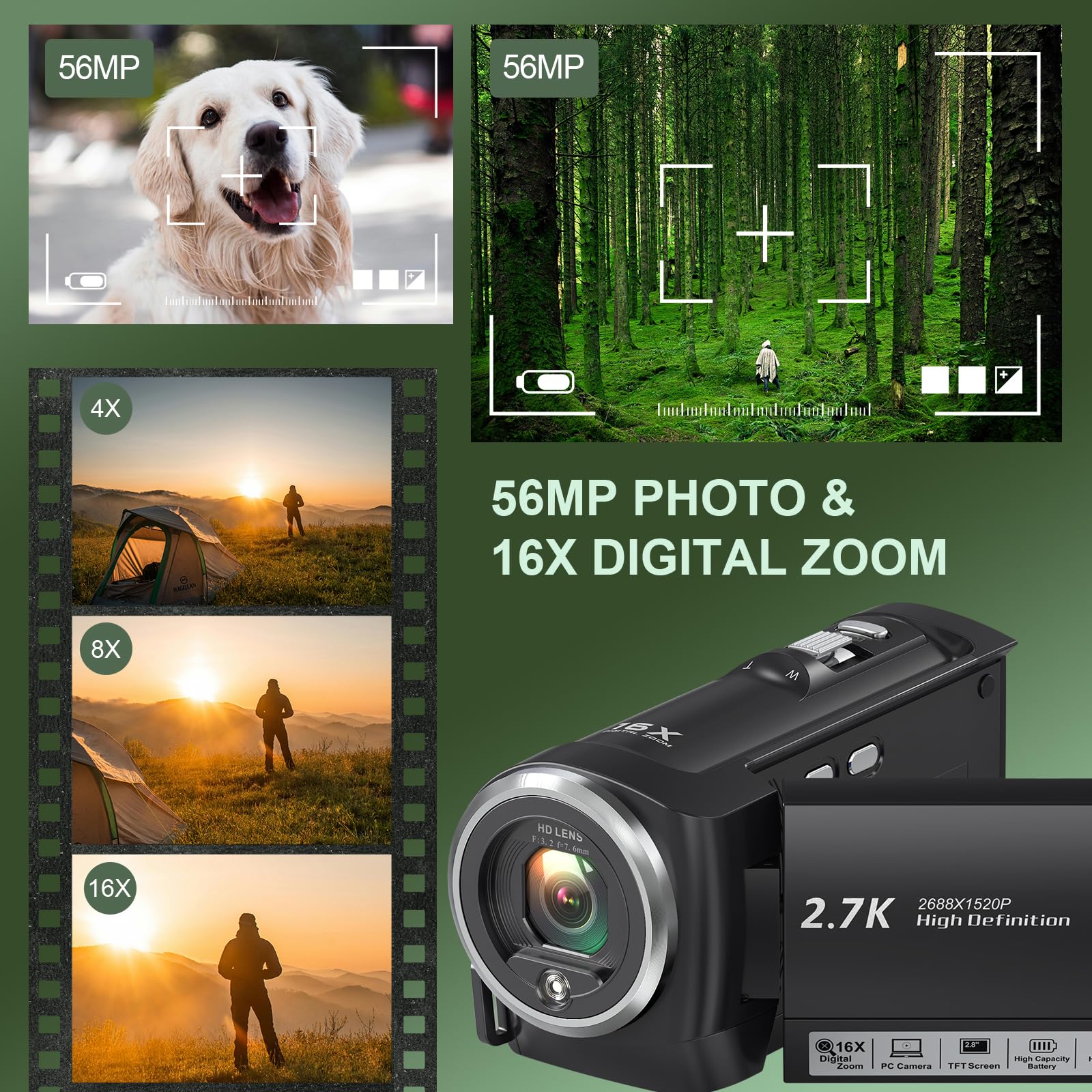 Camcorder 2.7K 56MP Vlogging Camera 16X Digitalzoom 2,8 Zoll 270 Grad Drehung LCD LED-Fülllicht 32 GB SD-Karte