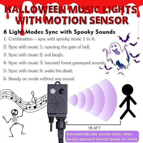 Miniatura 4 de Luces de Halloween para exteriores de 114.8 pies, 300 luces LED con sincronización de música, sonidos espeluznantes, decoraciones de Halloween,