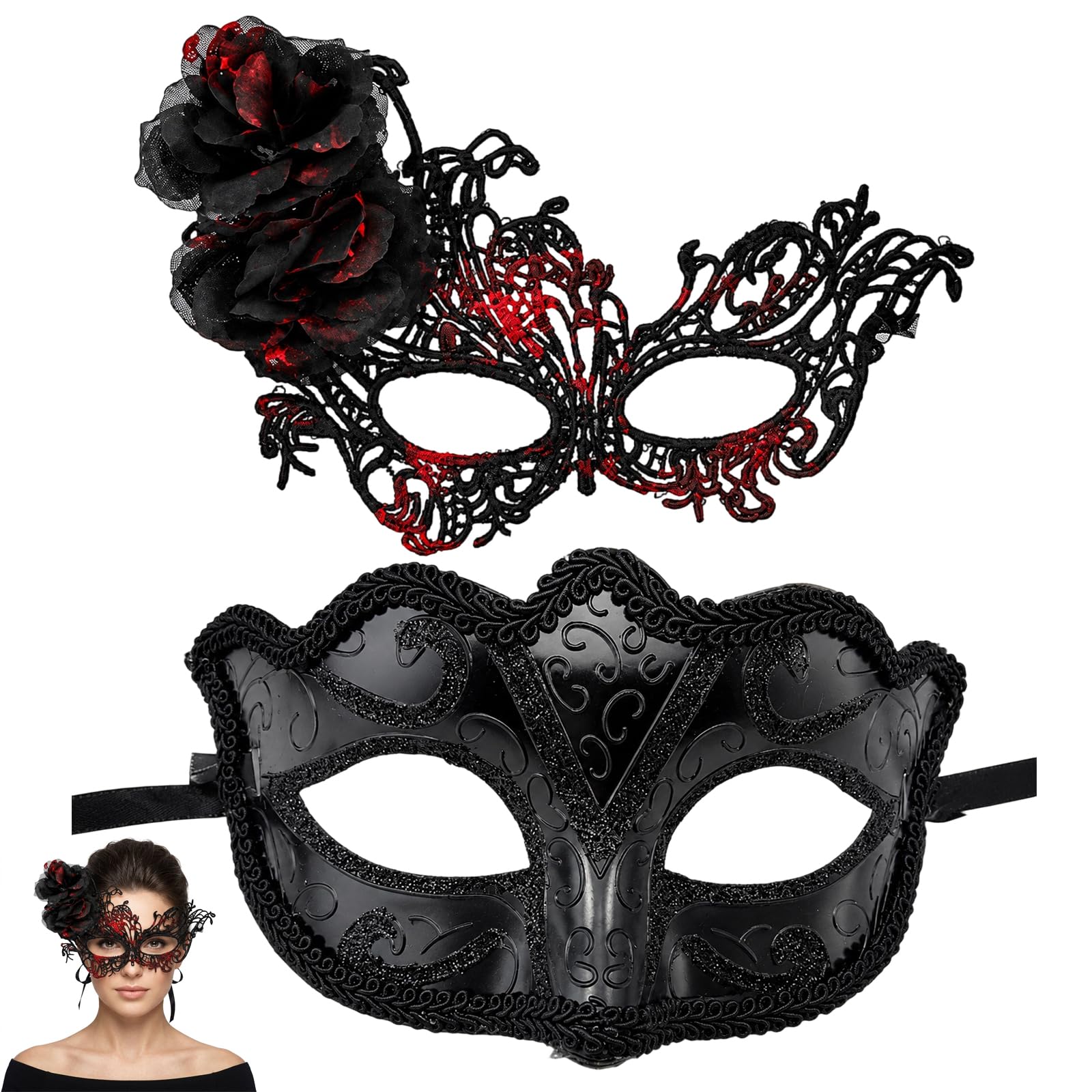 QhgPnt 2Pcs Set Masquerade Mask for Women, Venetian Party Style Black Masquerade Masks, Elegant Costume Accessories for Masquerade Balls and Themed Events, Carnival Costumes for Women and Men