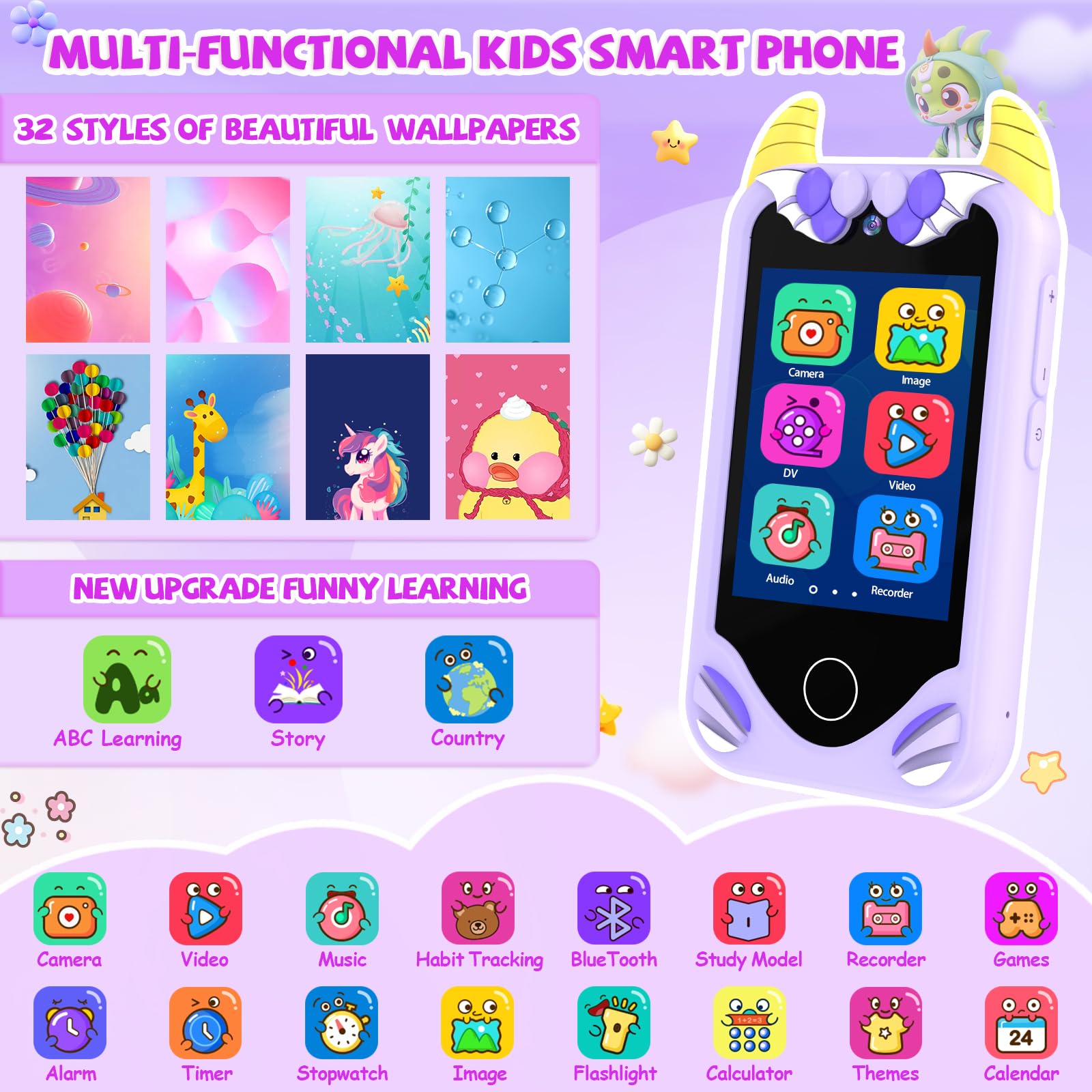 Kids Smart Phone for Girls Gifts - Toddler Christmas Birthday Gift for Age 3 4 5 6 Year Old, Kids Cell Phone Toy with Touchscreen, Dual Cameras, Learning, Music Player, Games with 32 GB Card