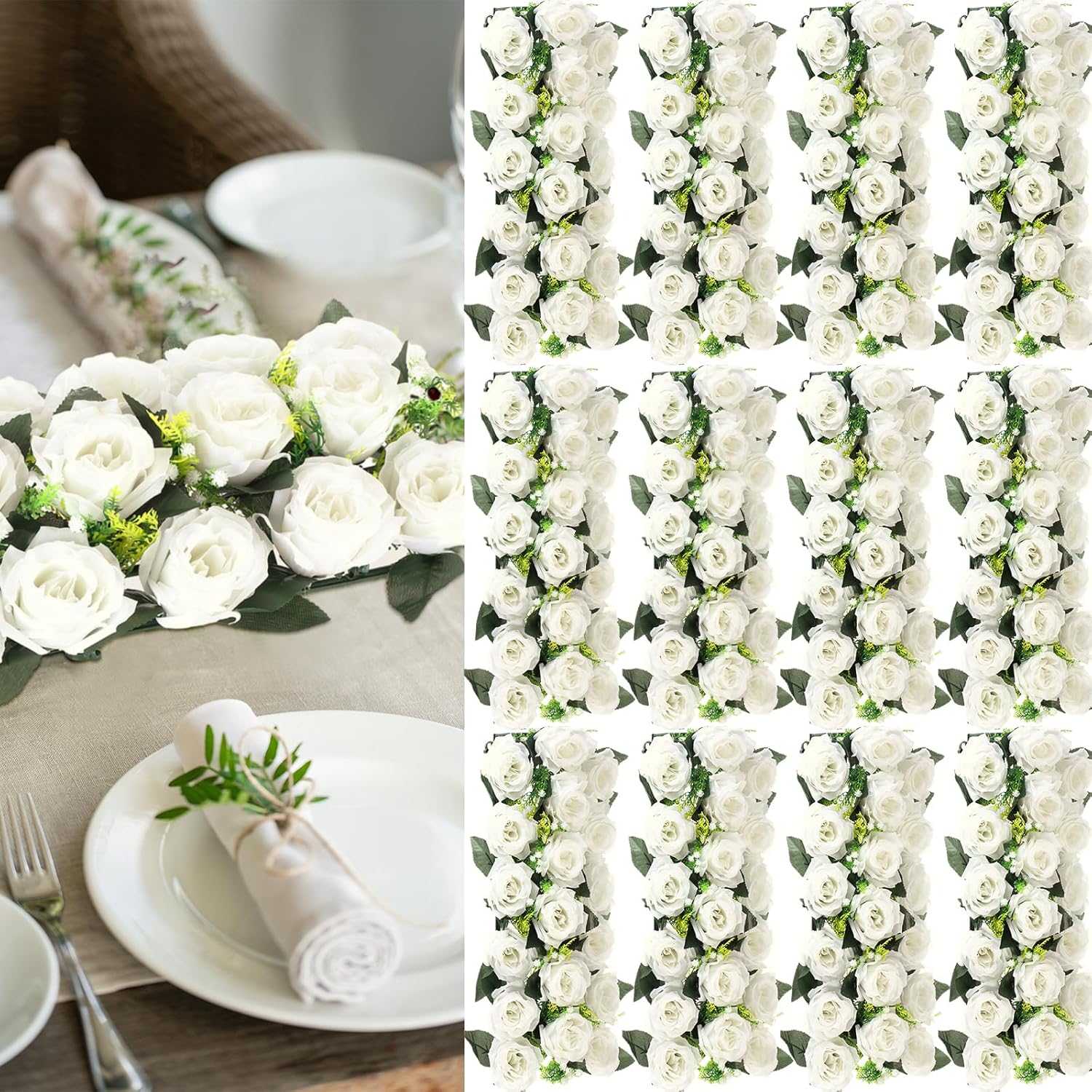 Zeyune 12 Pcs Wedding Dining Table Flower Centerpiece Rose Flower Arrangement Artificial Rose Floral Centerpiece Arch Silk Floral Swag for Wedding Party Table Runner Room Kitchen Reception Decor White