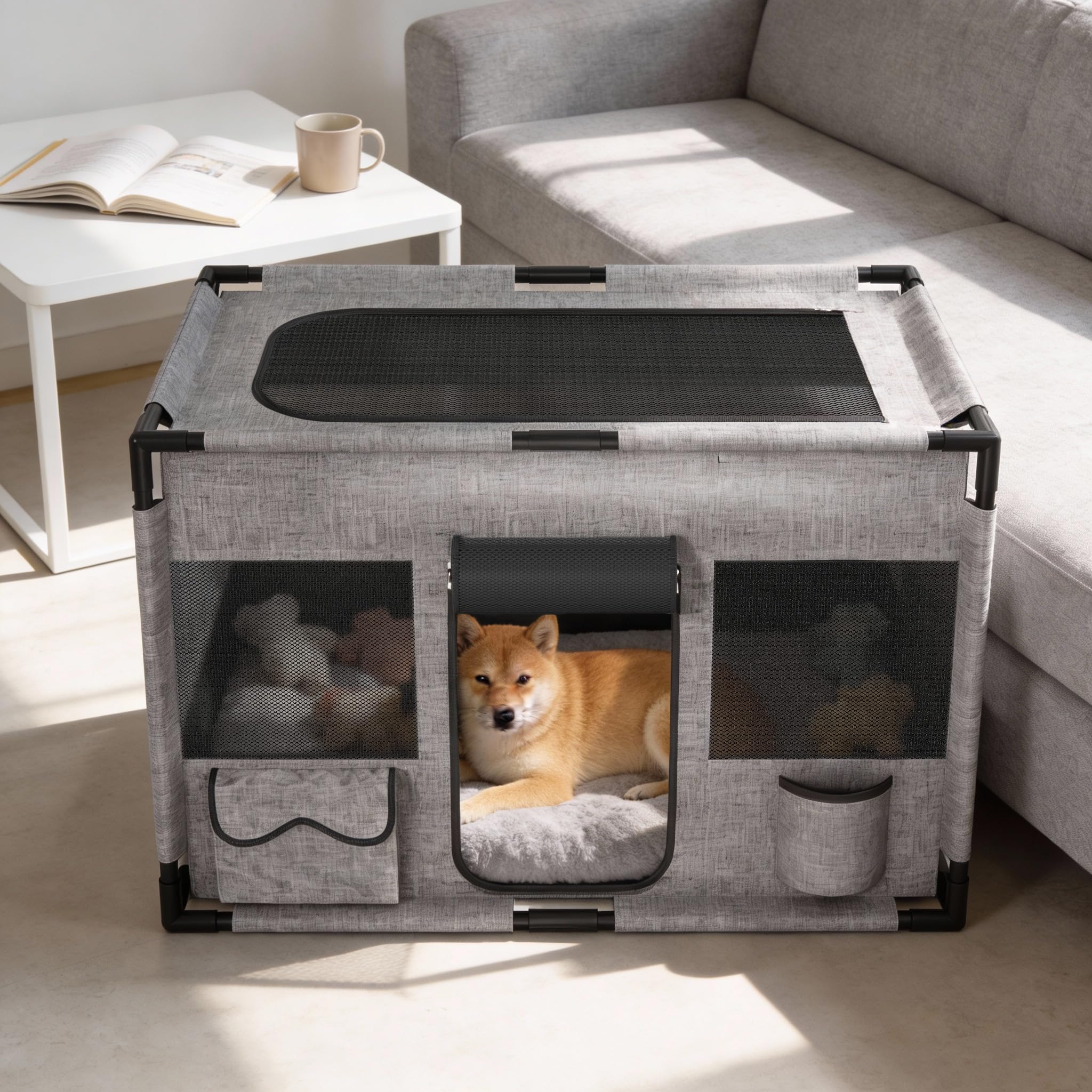 UISEBRT Parc pour chiots avec enclos, Parc pour chiot en tissu Oxford, filet respirant avec fermeture éclair et poche latérale, Parc et barrière pour chiens et chats, 100x60x60 cm Rectangle