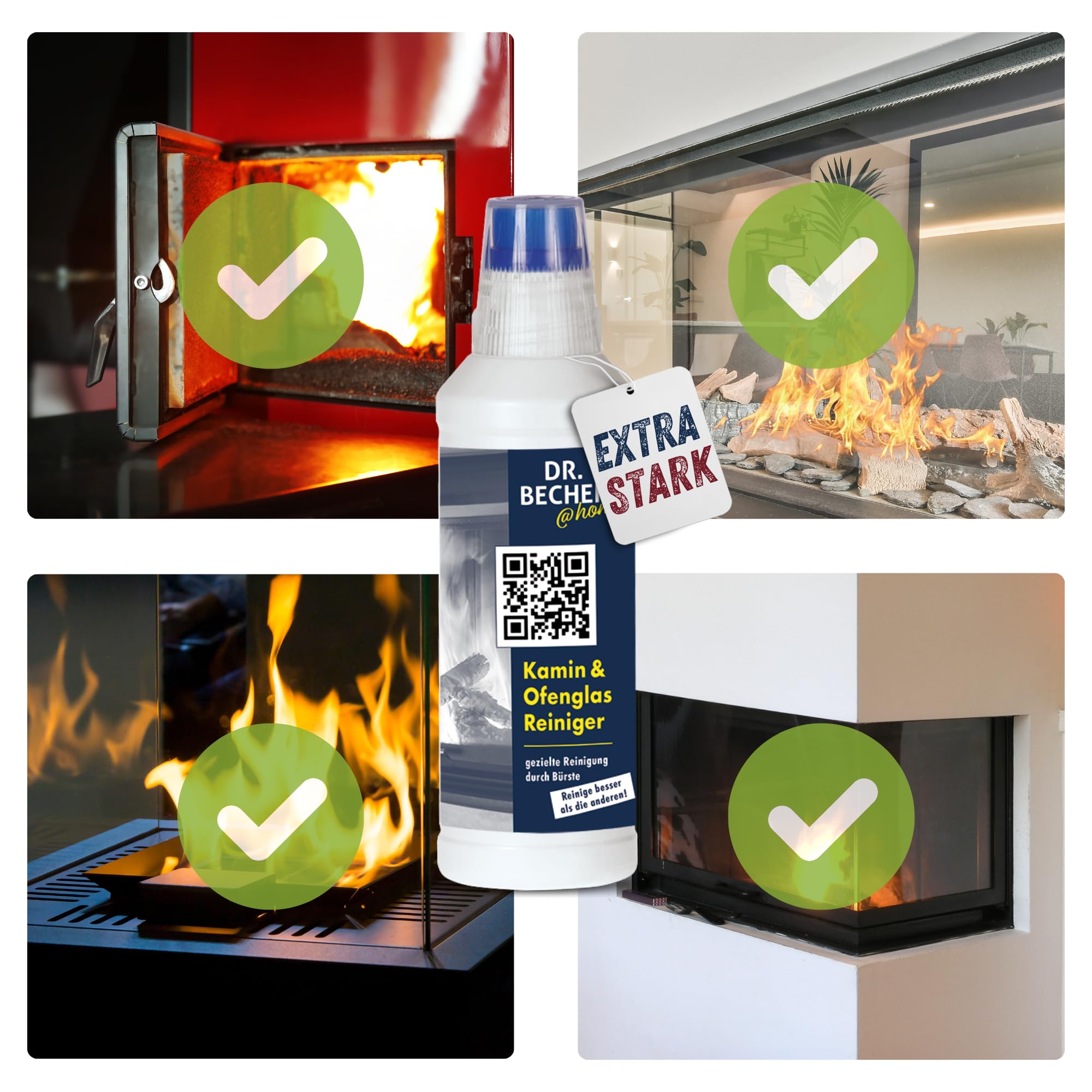Vorteilspack Kamin & Ofenglas Reiniger - Entfernt zuverlässig eingebrannte Verkrustungen auf Glas, Edelstahl und Grillrosten - Integrierte Bürste für gezieltes Auftragen 8x 500ml