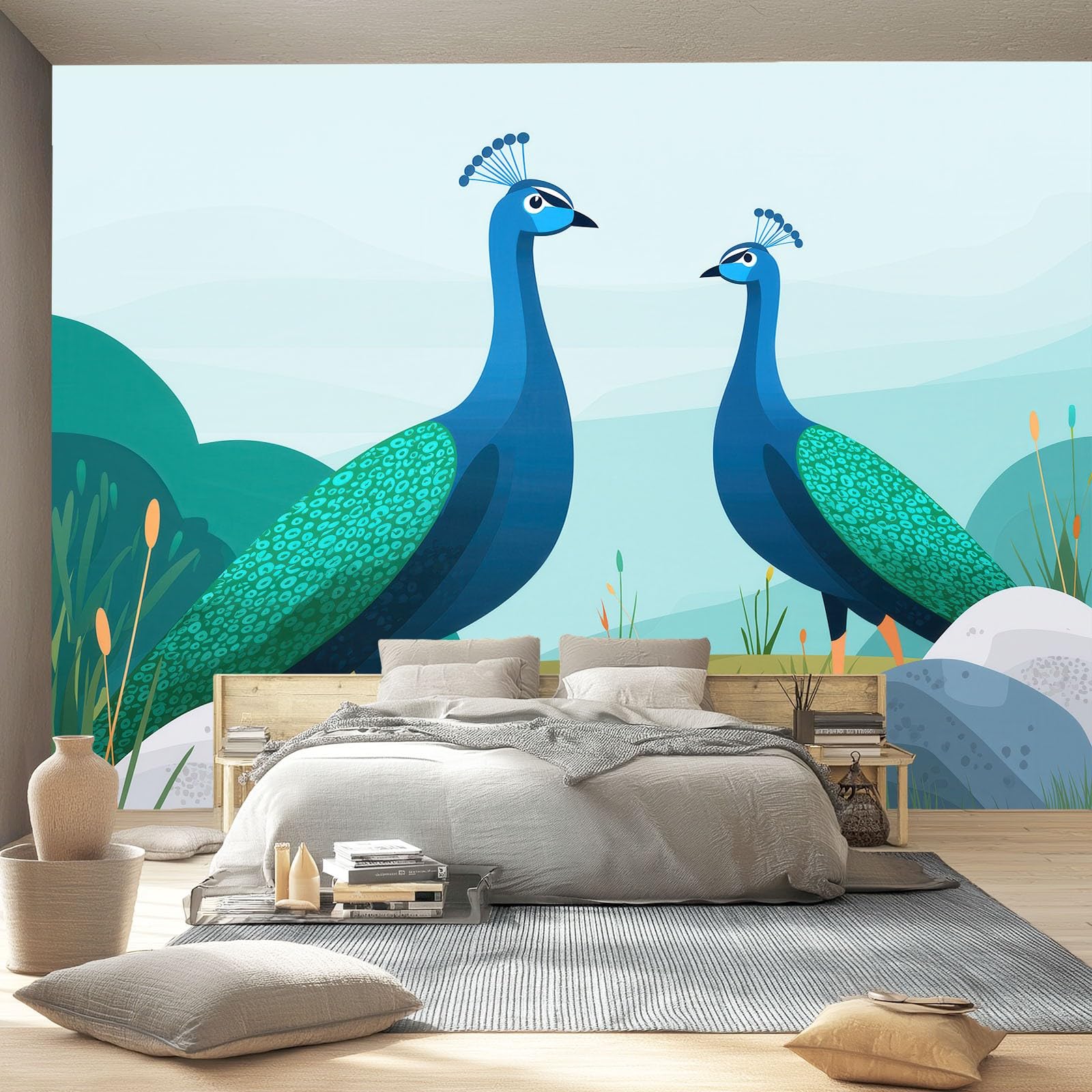 Tapeta z włókniny 200 x 140 cm, uroczy paw plakat fotograficzny na ścianę do kuchni, sypialni, restauracji, salonu, pokoju dziecięcego, dekoracja ścienna niebieski zielony