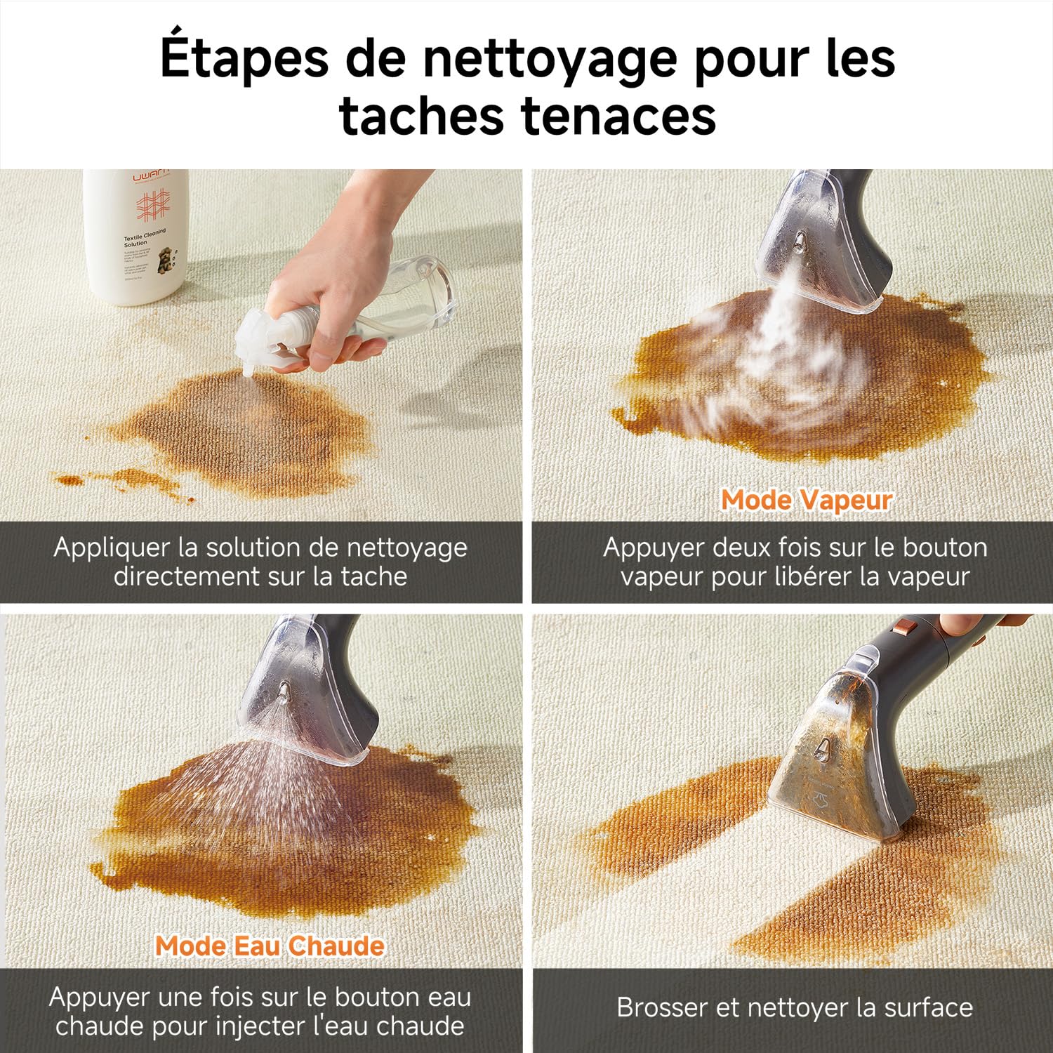 Uwant B400 Vapeur et Chauffage Shampouineuse Canapé Professionnel ，Aspiration Puissante 18Kpa，Portable avec 4 Accessoires,Nettoyeur Canapé Tissus 2-en-1 pour Tapis Set of 1,Meubles, Tissus, Voiture