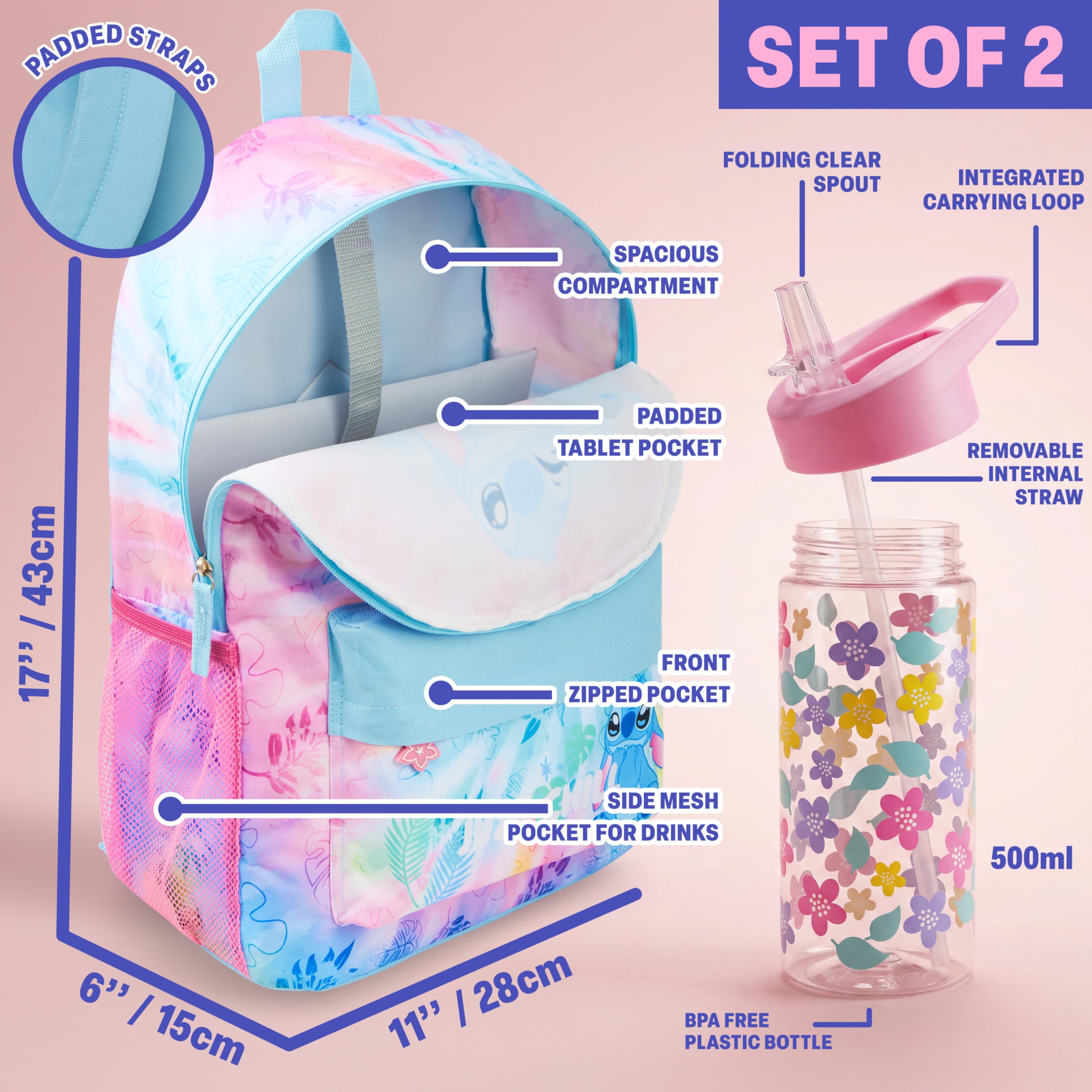 Get Trend Disney Stitch Mochila Niña con Botella Agua 500 ml, Botella Sin BPA y Mochila Escolar con Cremallera, Regalo Niña (Multi Stitch)