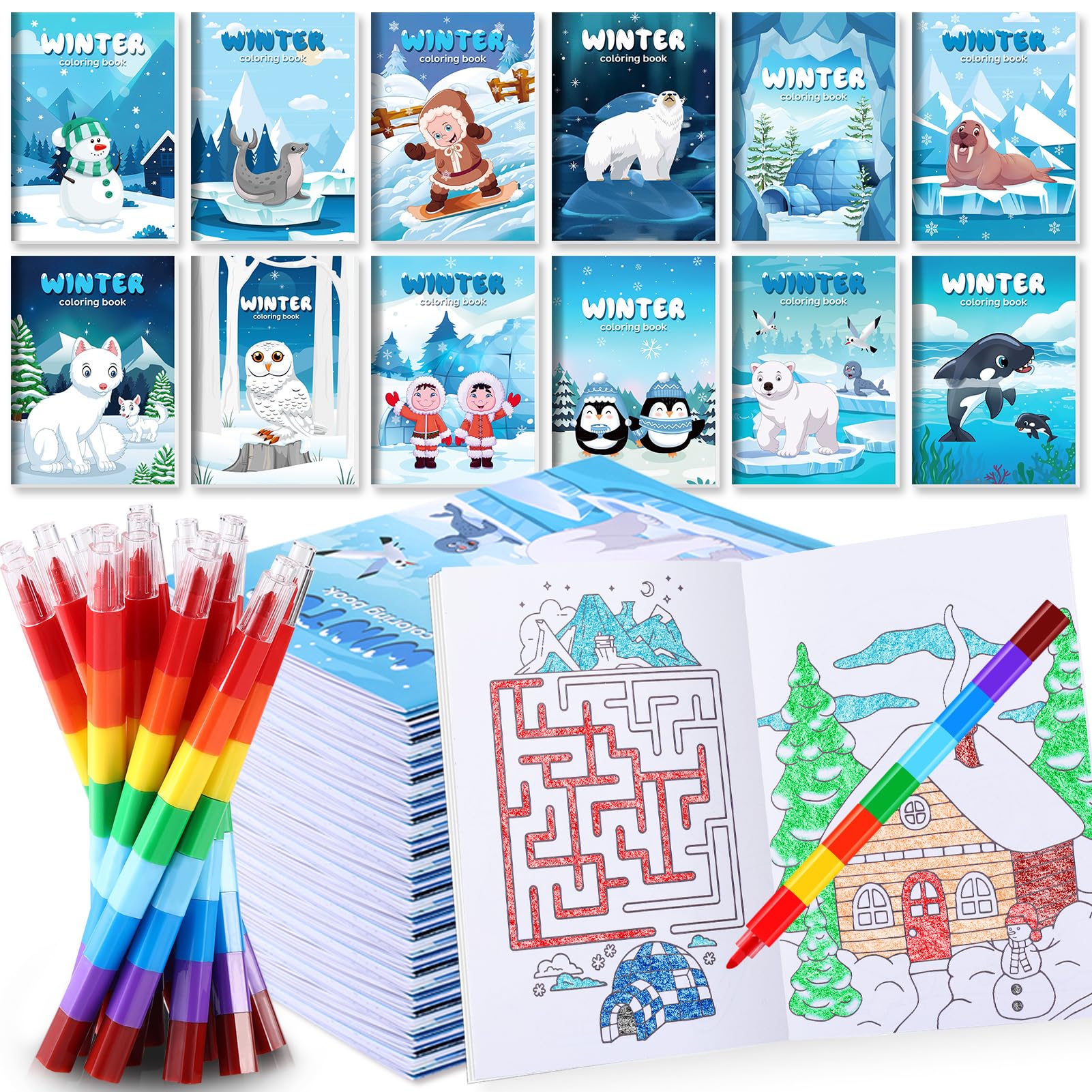 BenLouis 12 Winter Mini Coloring Books Kids with 12 Stacking Crayons Polar Animals Party Favors Small Activity Books Bulk for Kids Winter Holiday