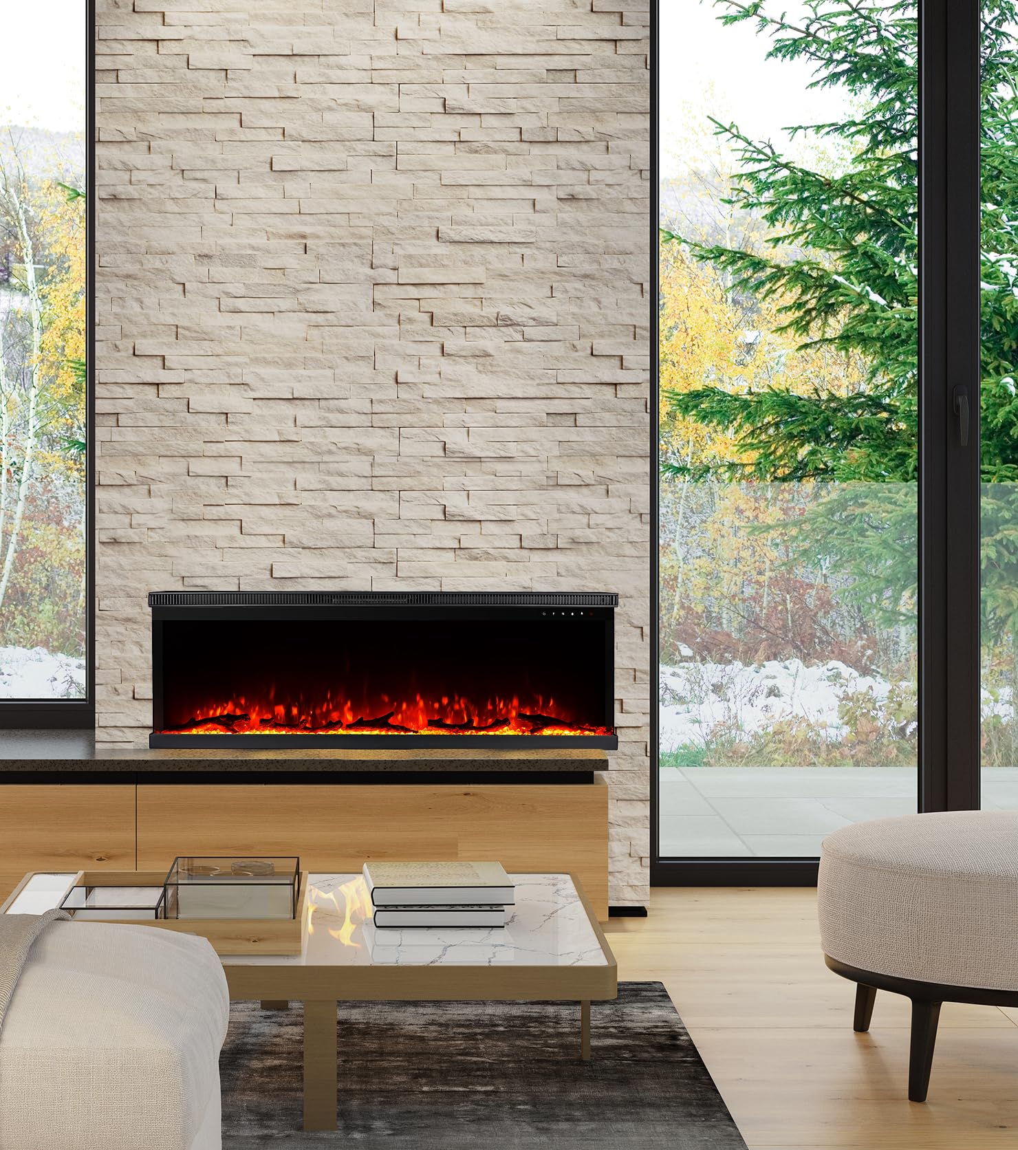 M.C.Haus Camino Elettrico di Lusso a 3 Lati con 3 Modalità di Installazione, Caminetto da Incasso su Parete Multimediale, Effetto Fiamma Elettrica con 9 Colori, 1800W, 127 cm/50", Nero