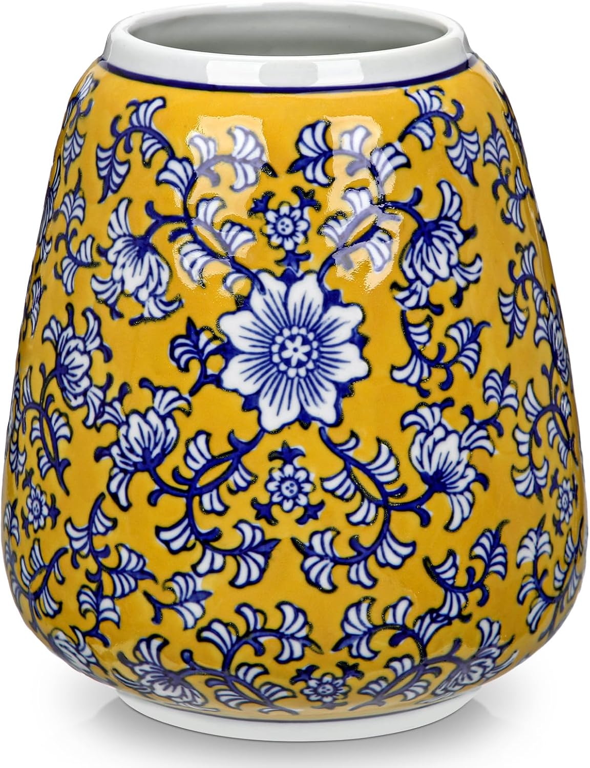 Hollyone Blue and Yellow Porcelain Vase Chinoiserie Floral Vases Large Vintage Tall Blue Ceramic Vase for Home Mantle Shelf Living Room Table Centerpieces Decor, 7 Inch