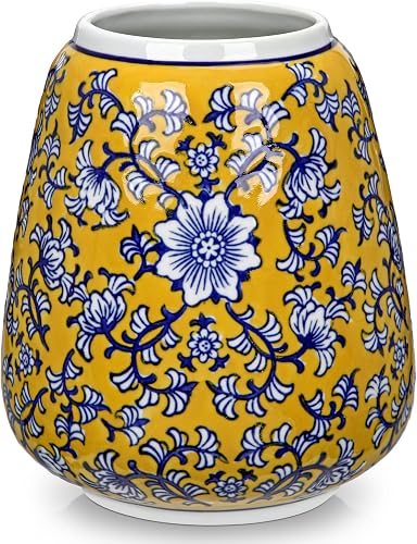 Hollyone Blue and Yellow Porcelain Vase Chinoiserie Floral Vases Large Vintage Tall Blue Ceramic Vase for Home Mantle Shelf Living Room Table Centerpieces Decor, 7 Inch
