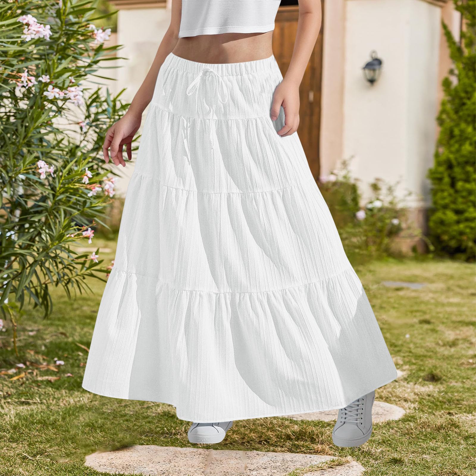 Girls Maxi Skirt Boho Casual Tiered High Waist A Line Flowy Long Skirt Kids Summer Swing Ankle Length Drawstring Skirts - 3