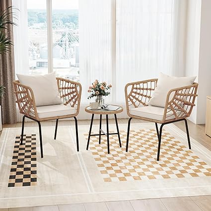 DWVO Accent Chairs Set of 2, Wicker ArmChairs with Soft Cushion, Comfy Living Room Chairs Modern Reading Arm Chairs with Table for Living Room, Bedroom, Balcony, Beige