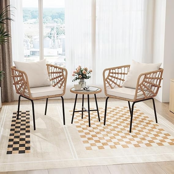 DWVO Accent Chairs Set of 2, Wicker ArmChairs with Soft Cushion, Comfy Living Room Chairs Modern Reading Arm Chairs with Table for Living Room, Bedroom, Balcony, Beige