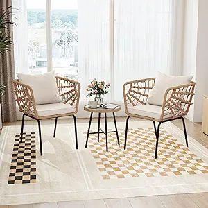 DWVO Accent Chairs Set of 2, Wicker ArmChairs with Soft Cushion, Comfy Living Room Chairs Modern Reading Arm Chairs with Table for Living Room, Bedroom, Balcony, Beige